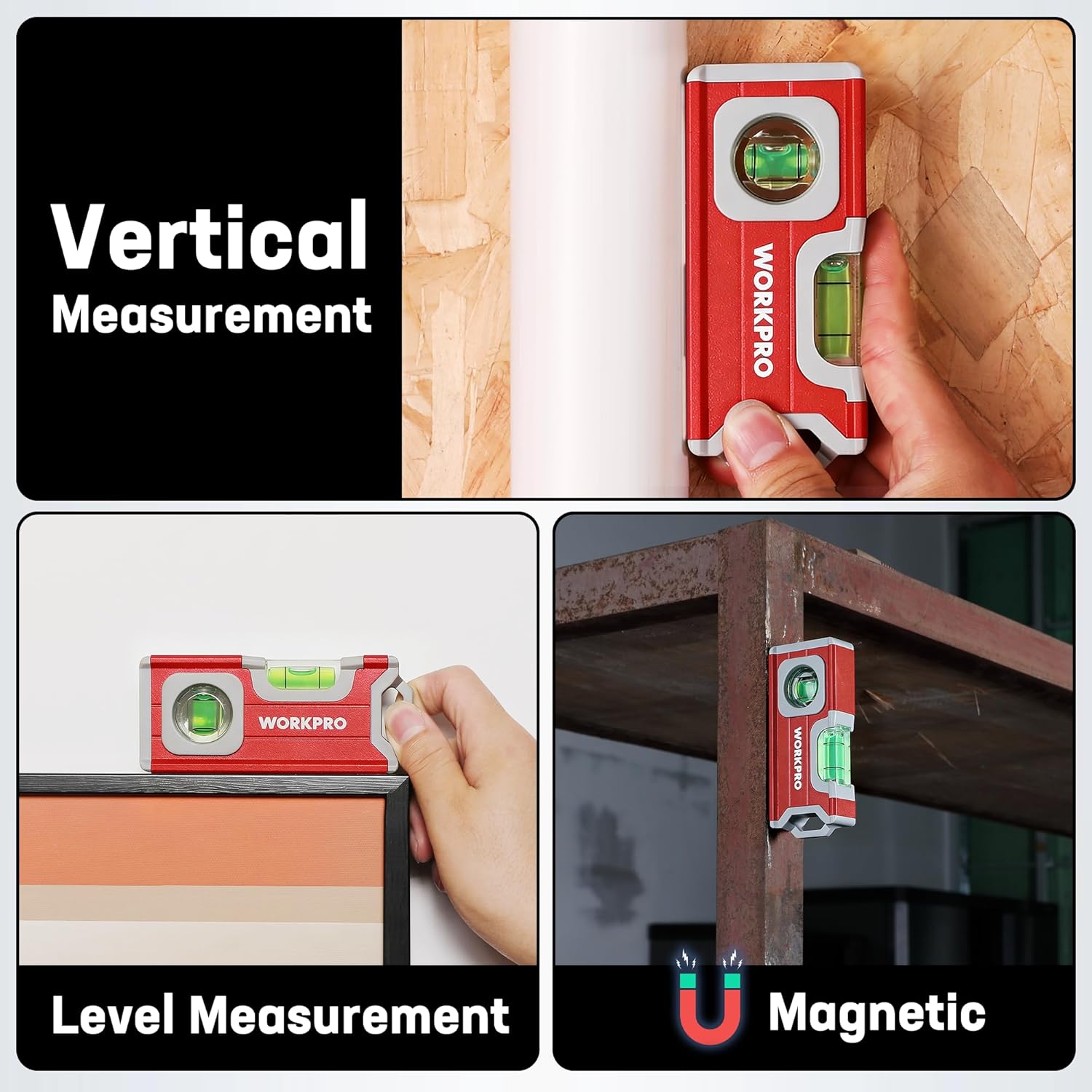 Red mini pocket level with green bubble for vertical and level measurement