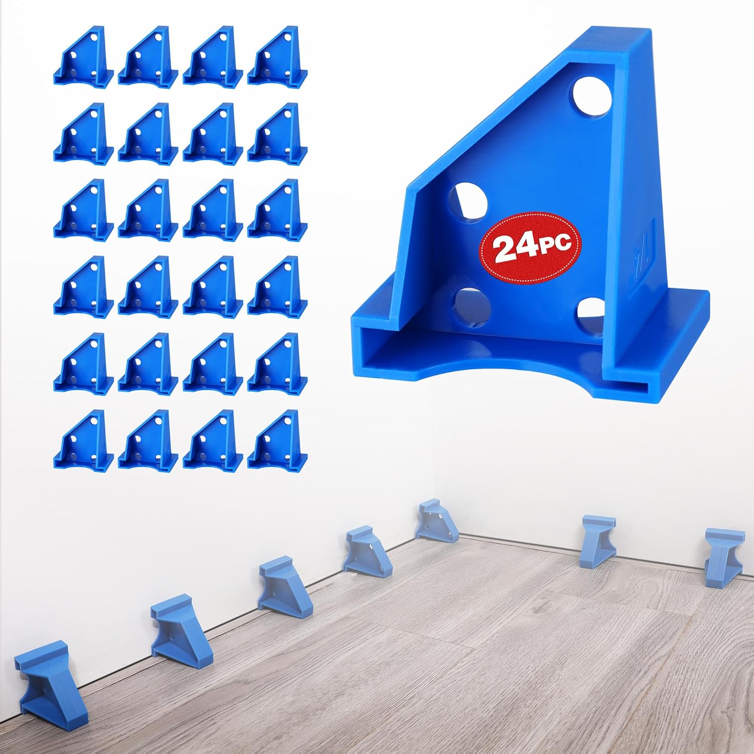 Blue 24-pack triangular flooring spacers with circular holes, for expansion gaps