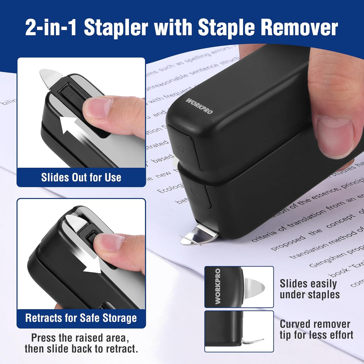 Black 2-in-1 stapler with staple remover tool and front sliding mechanism