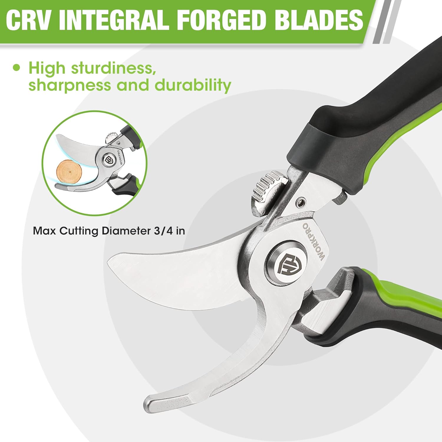 Bypass pruning shears with CRV integral forged bypass blades and green-and-black grip.
