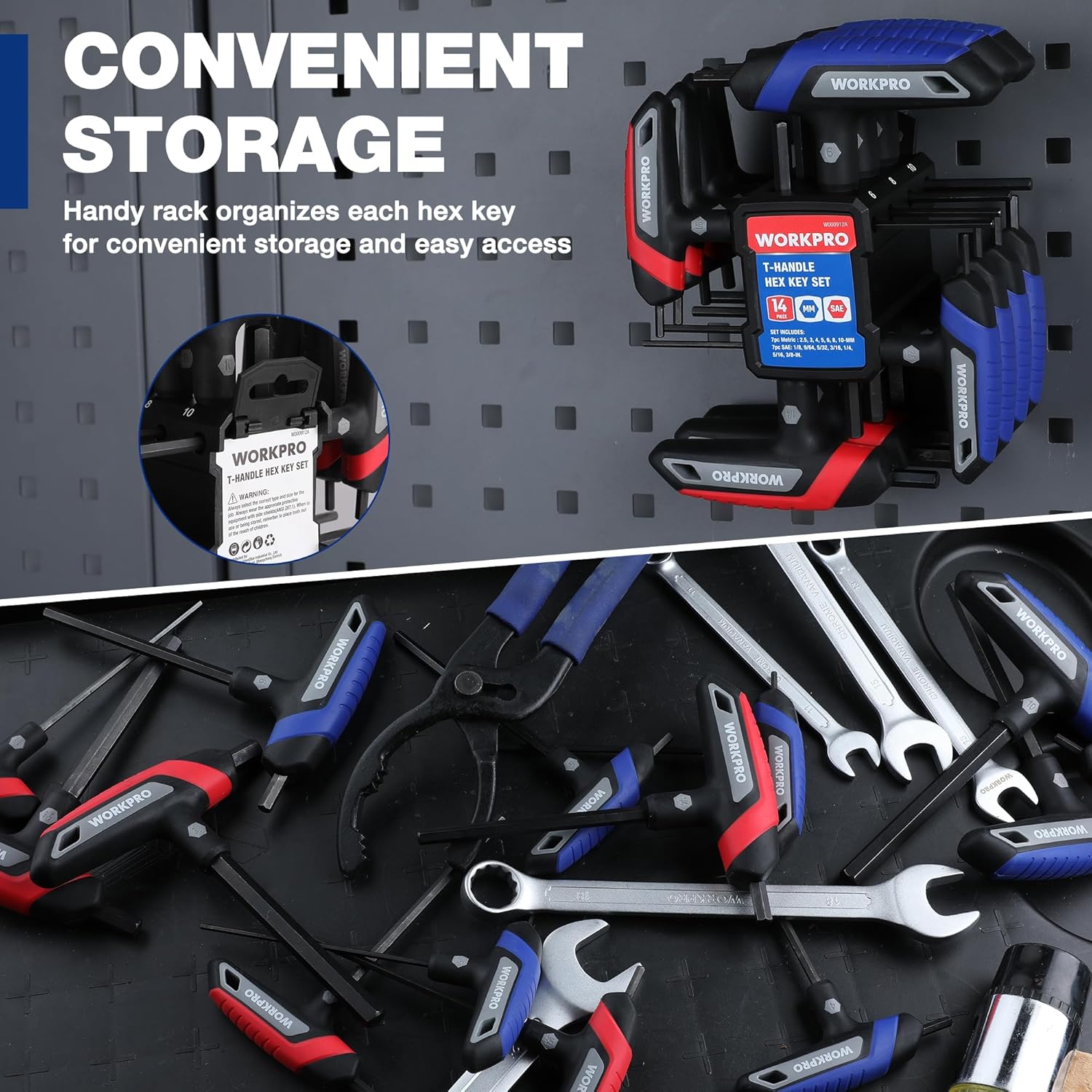 T-handle hex wrench set with organized rack and multiple keys on a perforated board