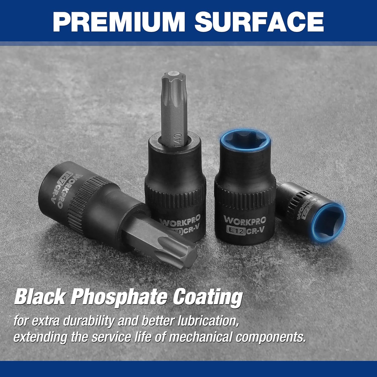 Black phosphate-coated Torx socket set pieces with blue drive ends