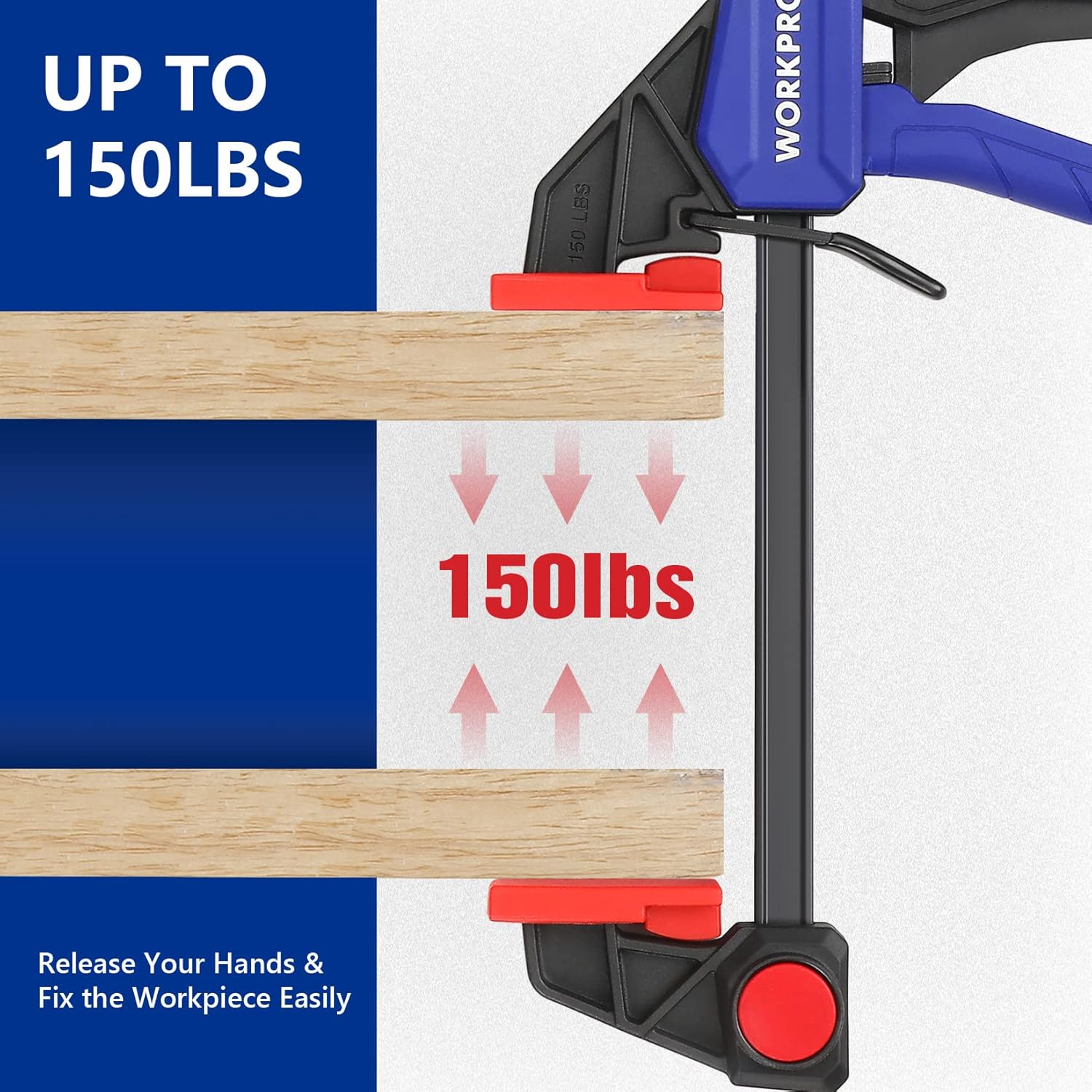 WORKPRO bar clamp with blue handle, black body, and red jaw pad on wood