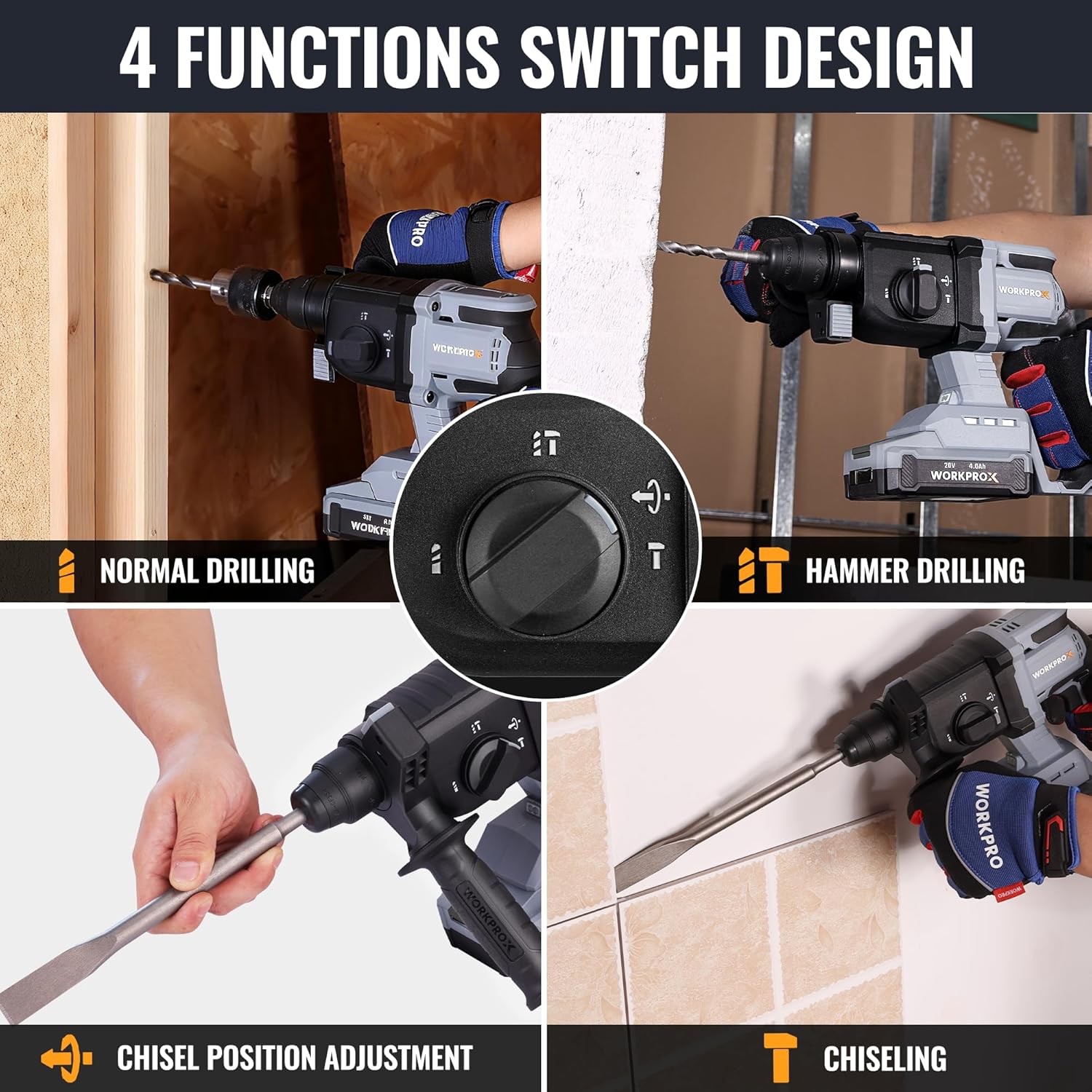 Cordless rotary hammer drill with four-function mode selector dial and side grip