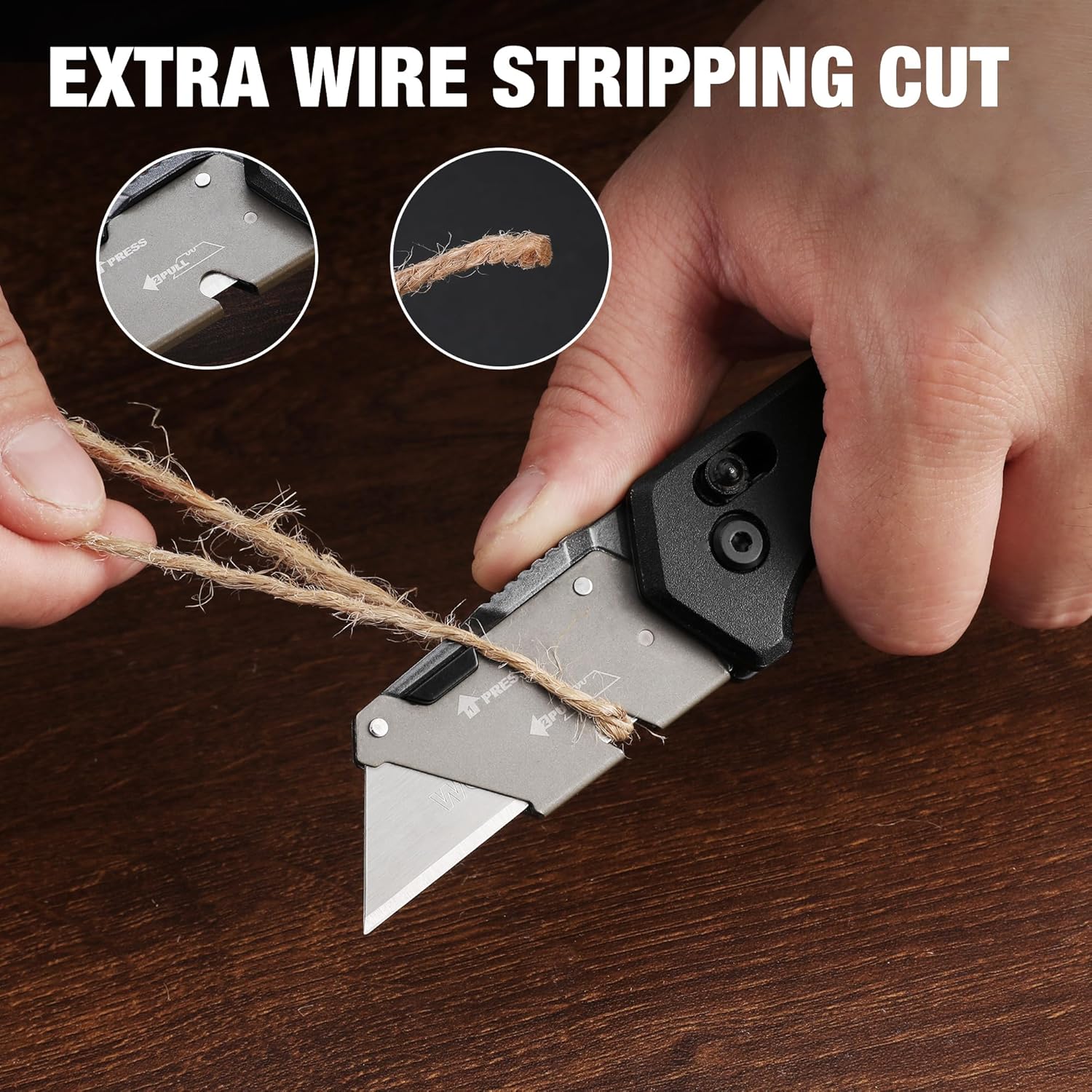 Folding utility knife with blade tip for wire stripping and general cutting