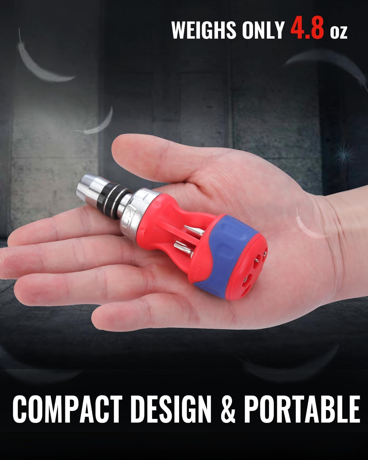 Compact ratcheting screwdriver in hand, red/blue handle