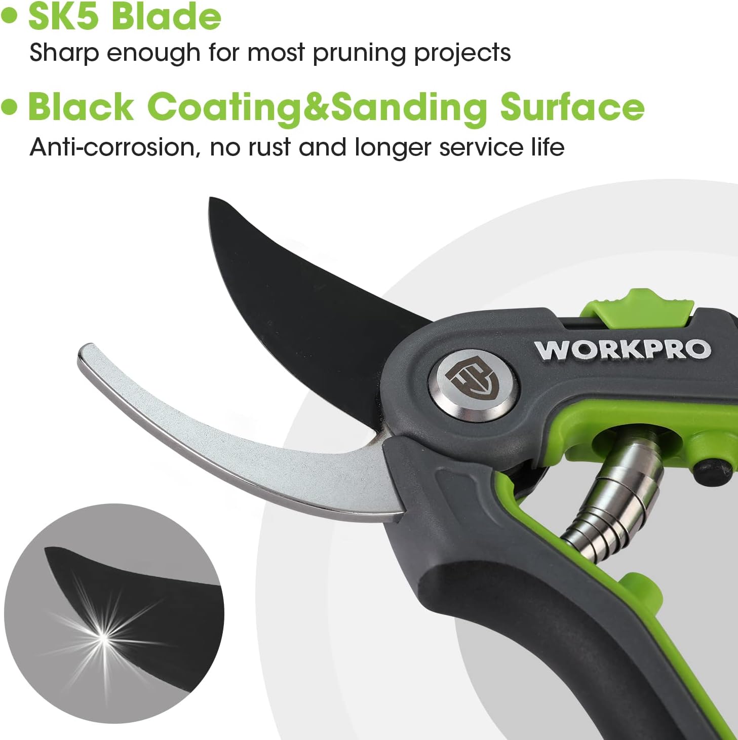 Bypass pruning shears with black coated SK5 stainless blades and green handle grip