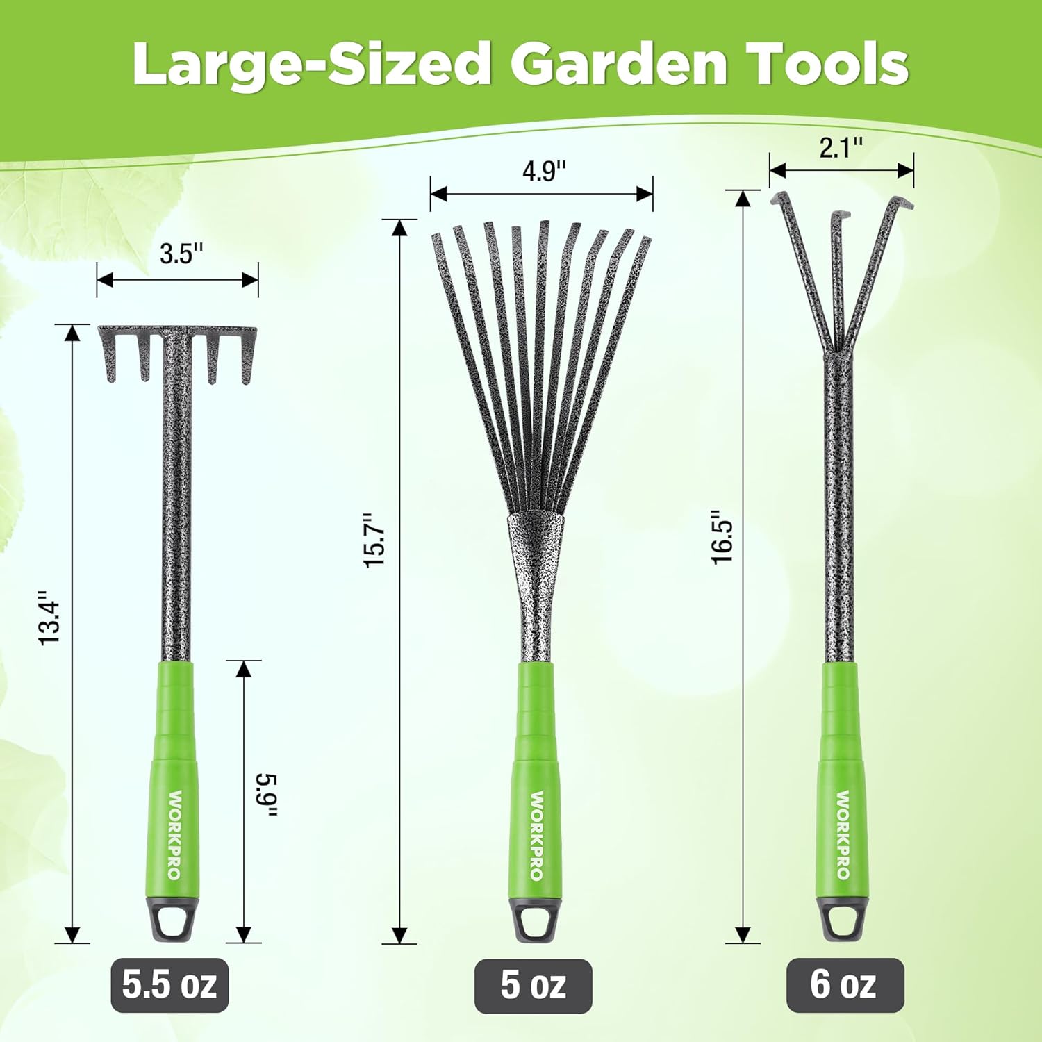 Garden rake tools with narrow metal tines and green soft-grip handles