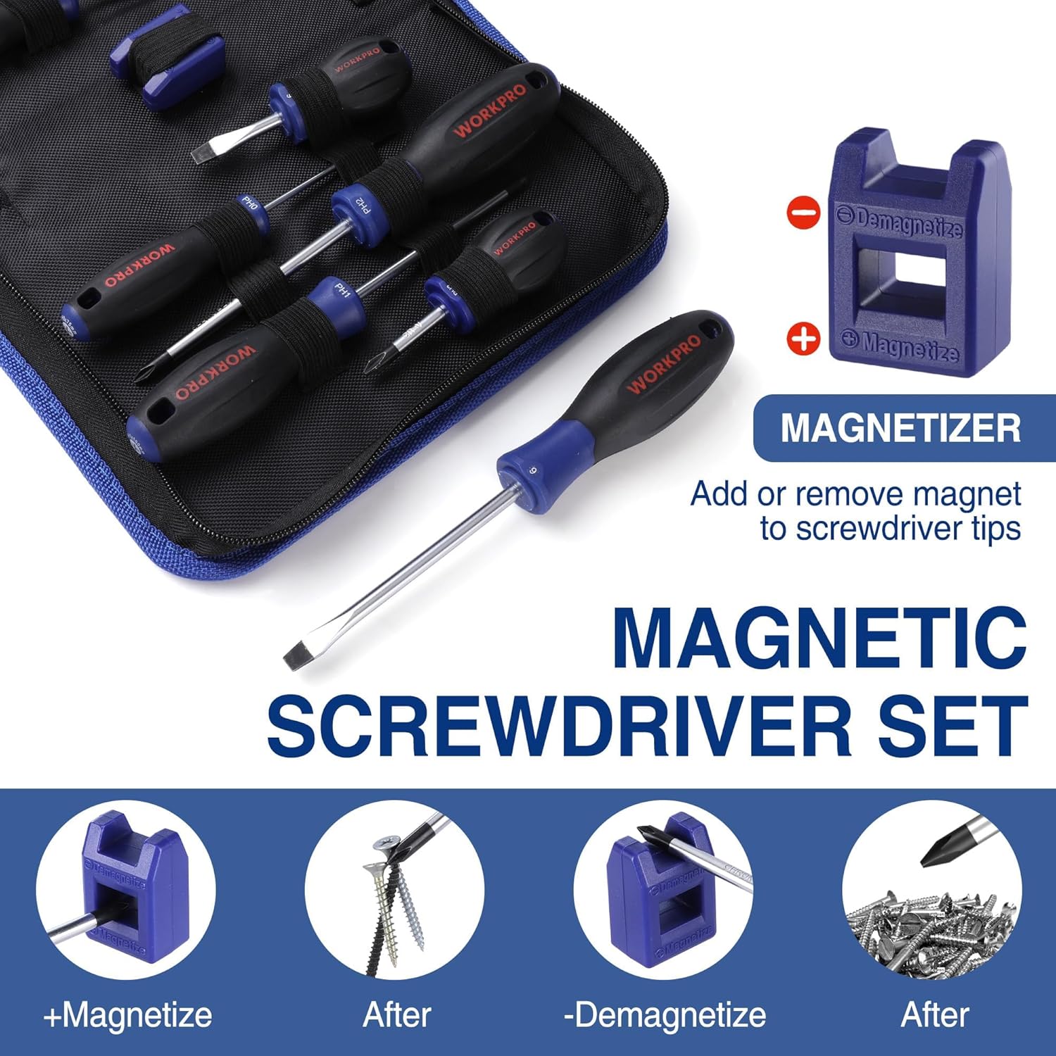 Magnetic screwdriver set in zip pouch with blue-handled tools and magnetizer