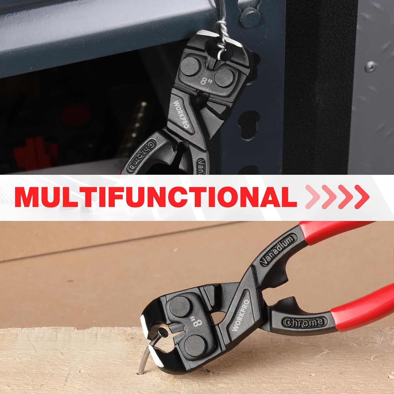 8-inch multifunction pliers with jaw notches for pulling and cutting, red handles