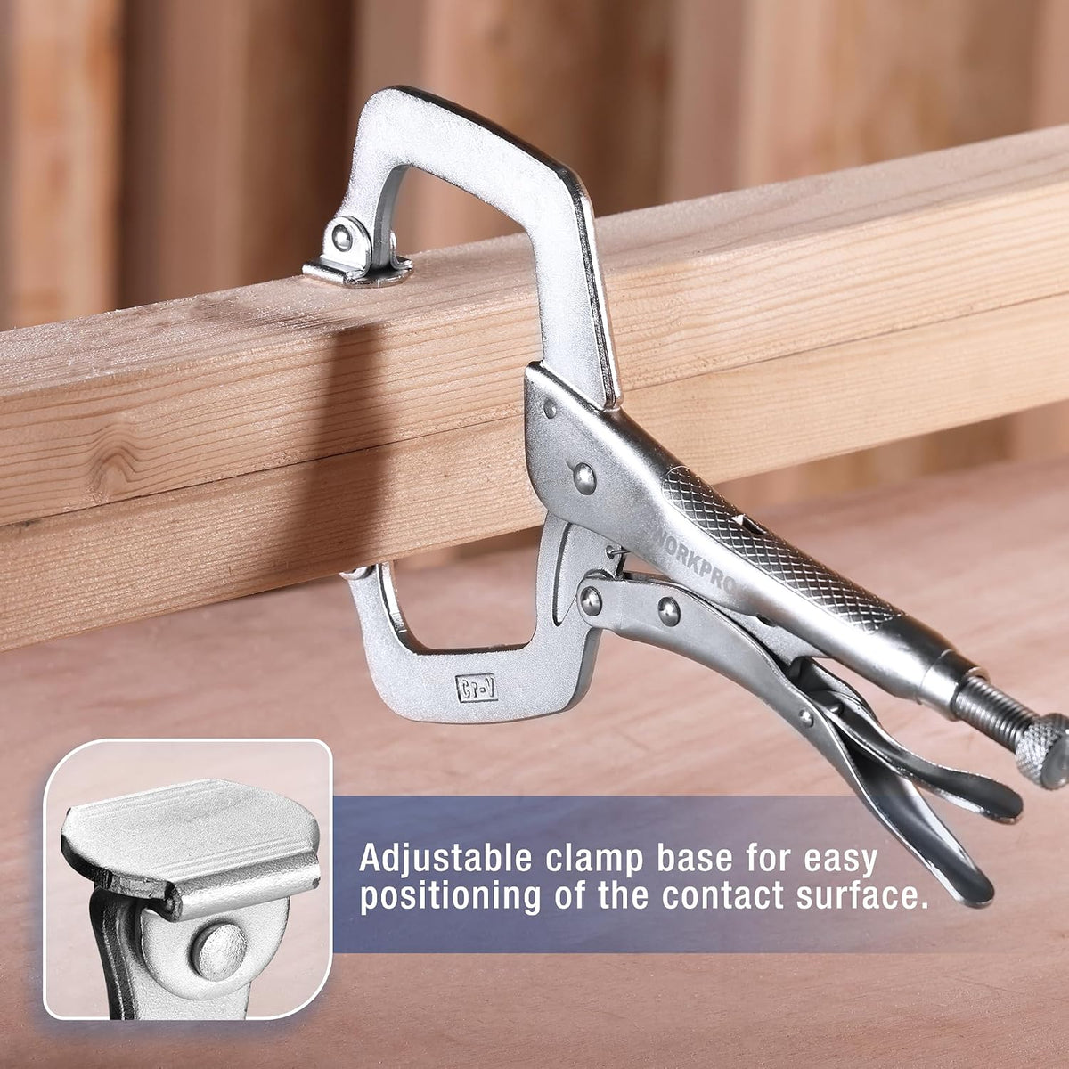 WORKPRO C-clamp securing a light wood board with swivel pad contact surface