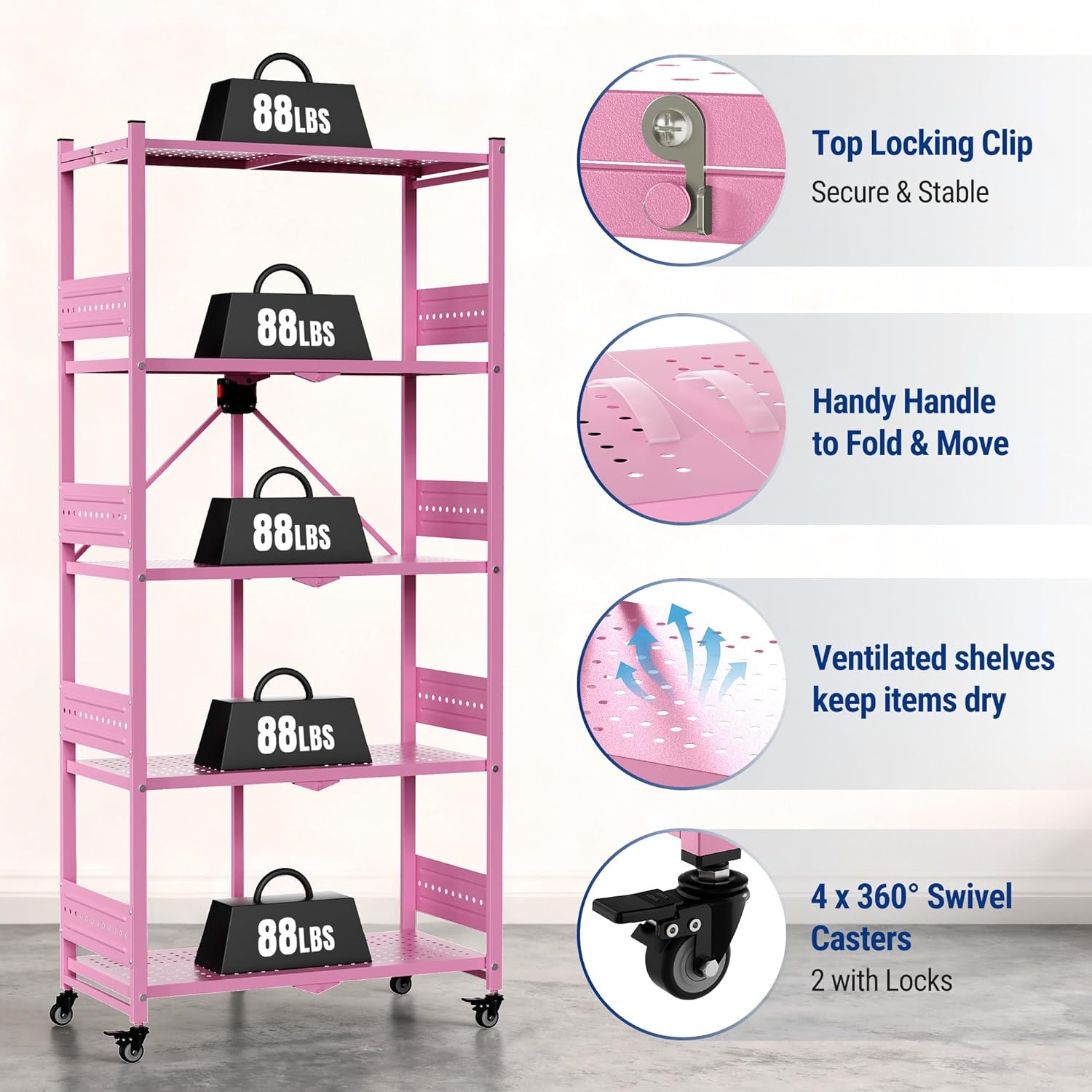 Pink 5-tier shelf rack on wheels with top locking clip, handle, and ventilated shelves