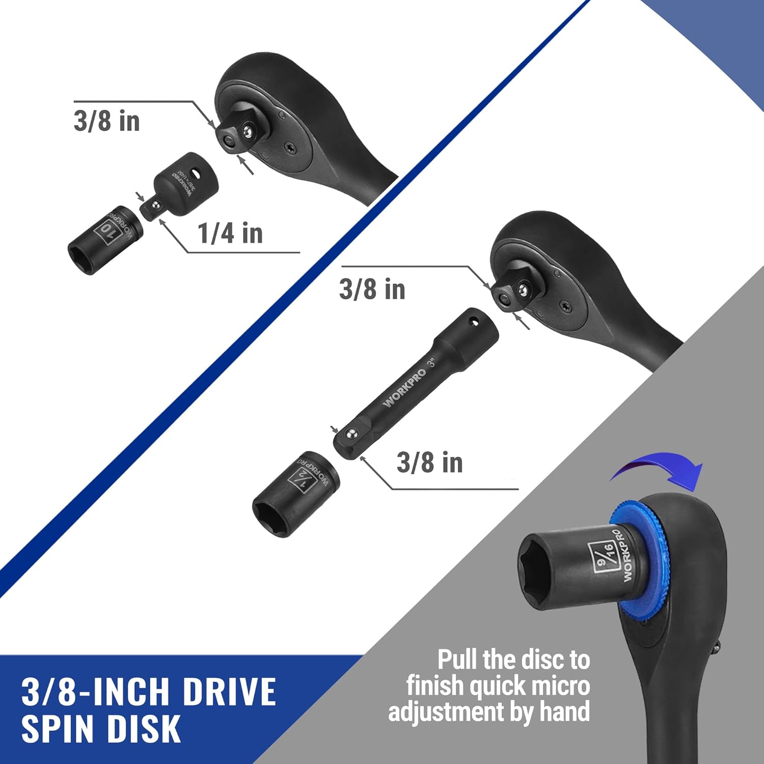 3/8 in drive spin disk with reversible head, black handle and blue adjustment
