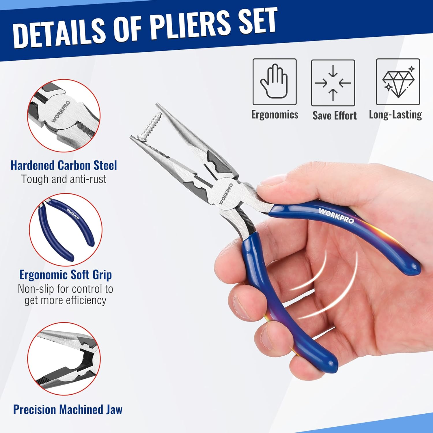 WORKPRO pliers set with ergonomic soft-grip handles and precision machined jaws