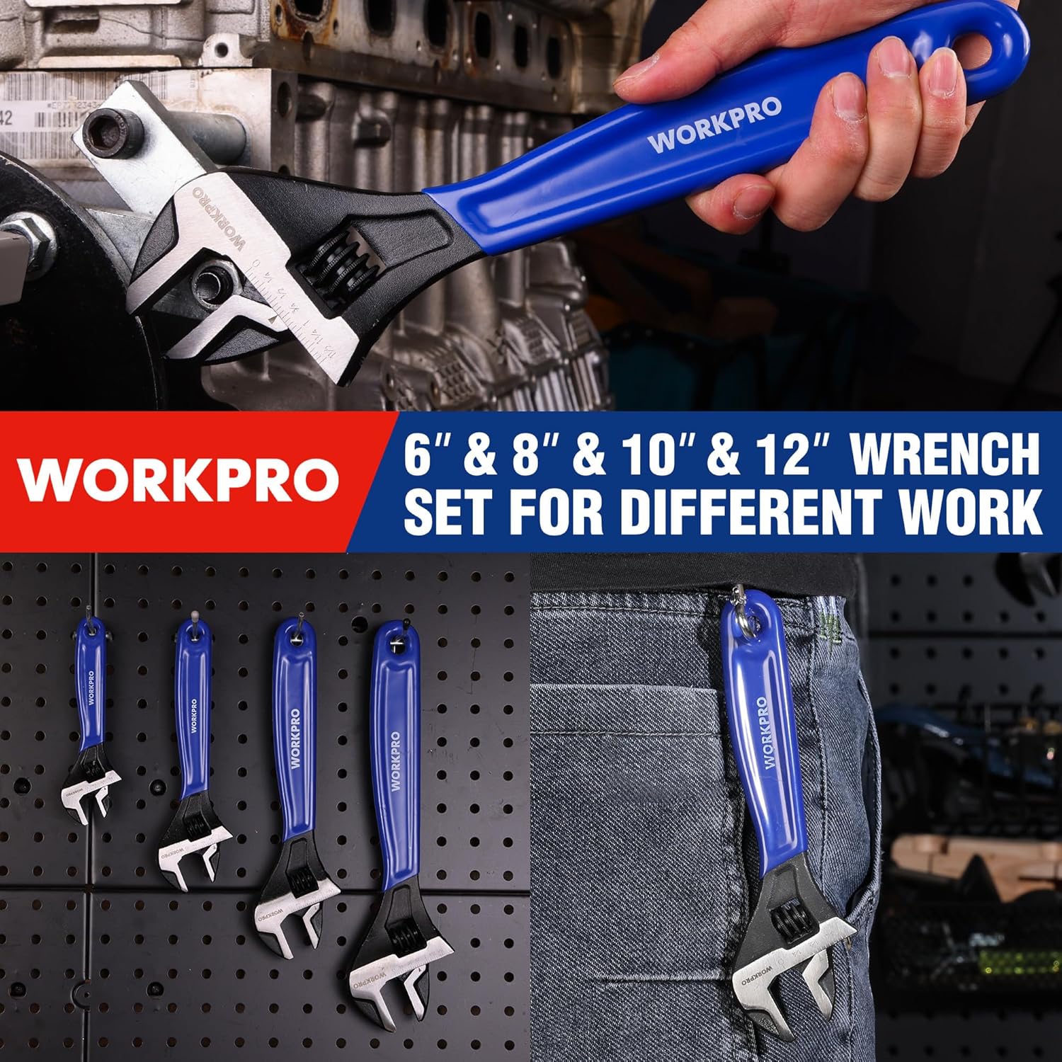 WORKPRO adjustable wrenches on tool pegboard, blue handles, set includes 6 to 12 inch sizes
