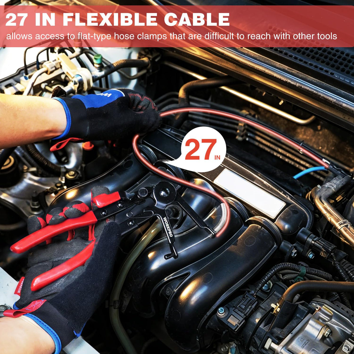 Red and black hose clamp pliers shown near engine bay for reaching tight hose clamps