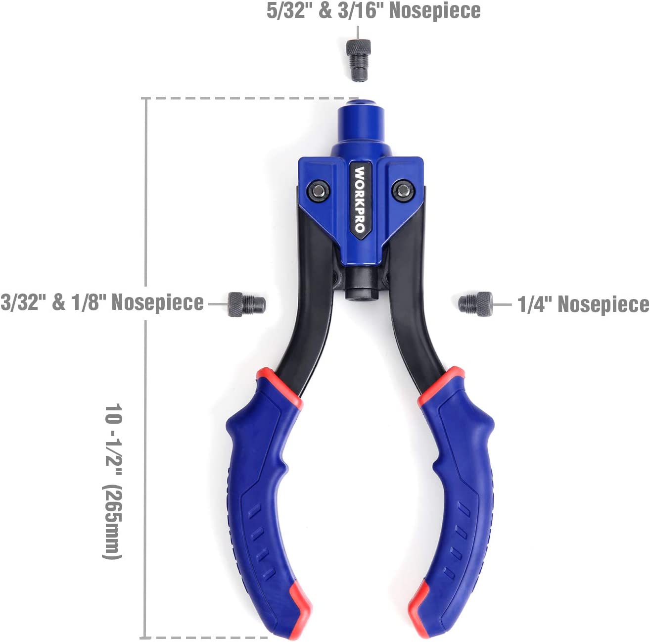 Pop rivet gun with blue top plate and black jaws, blue rubber handles with red grips