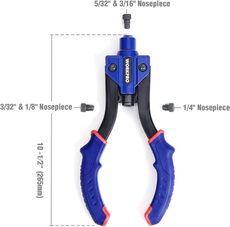 WORKPRO 10-Inch Pop Rivet Gun, Heavy Duty Riveter with 3 Interchangeable Heads (3 Nosepieces) and 100pcs Rivets, 5-in-1 Hand Riveter Set for Metal, Plastic, Repairing Truck Bed, Fixing Highway Sign (W)