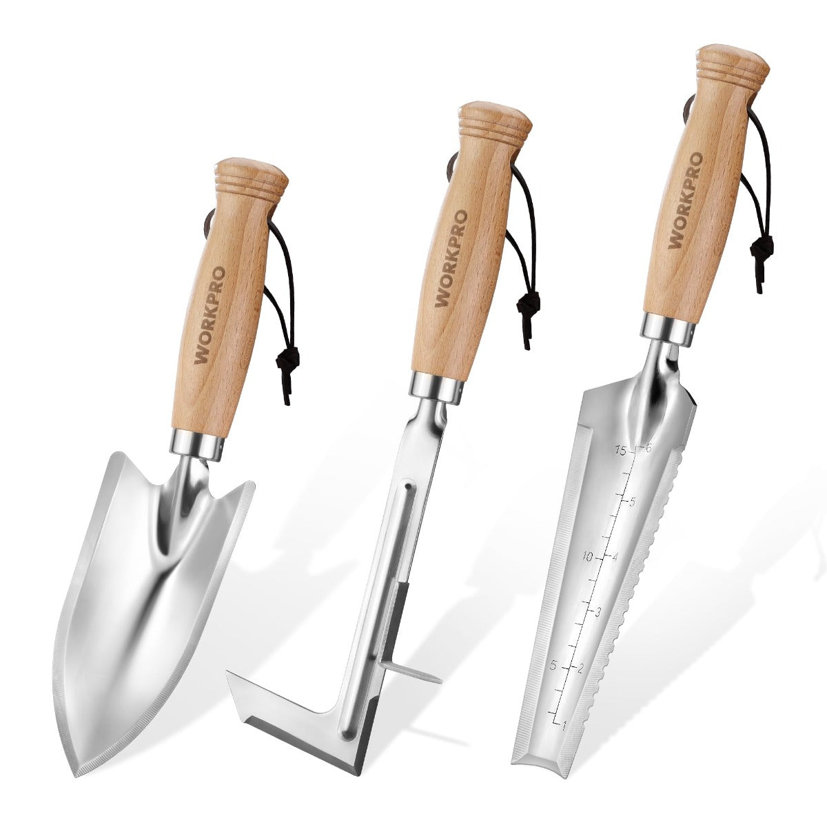 Three WORKPRO garden weeding tools with wooden handles and steel blades