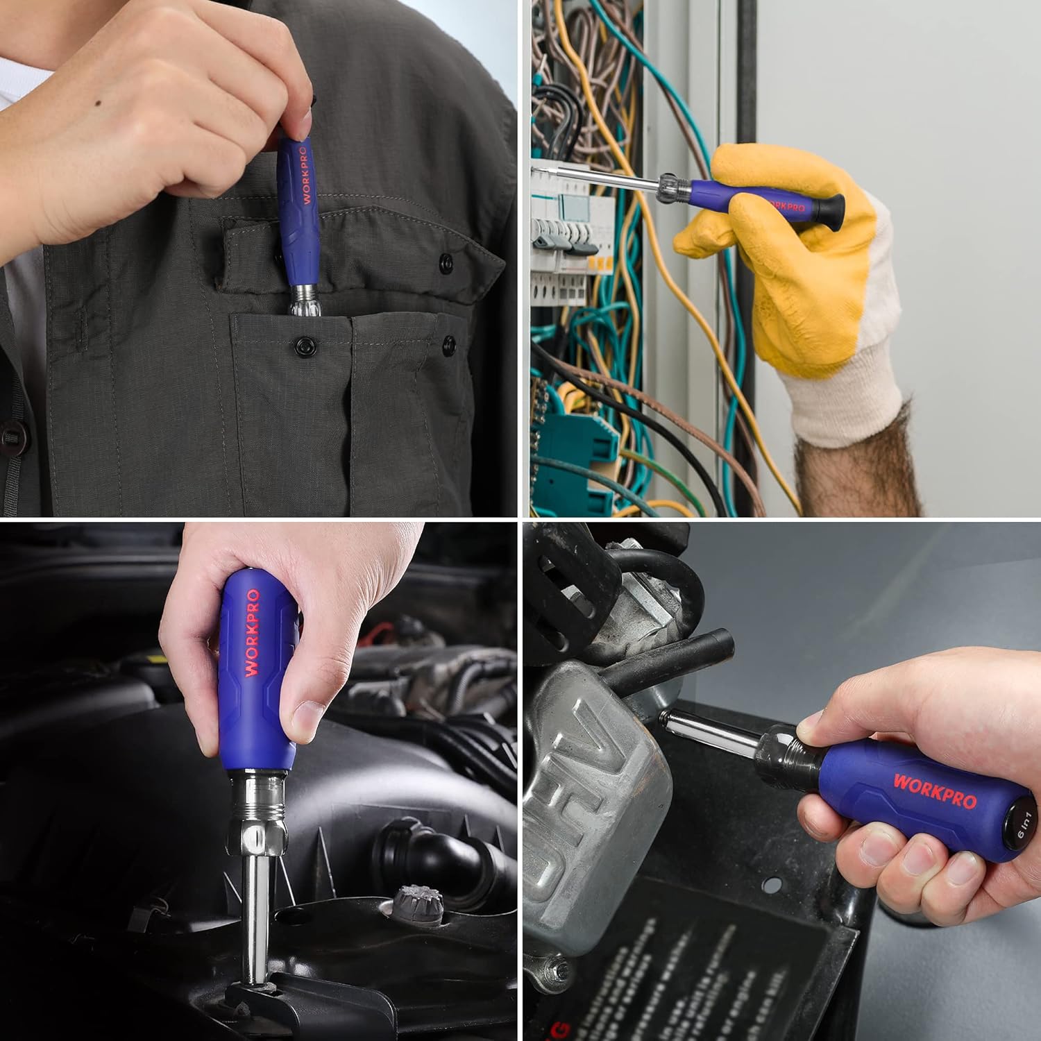 WORKPRO blue screwdriver held by hand for tightening components on tools and electronics