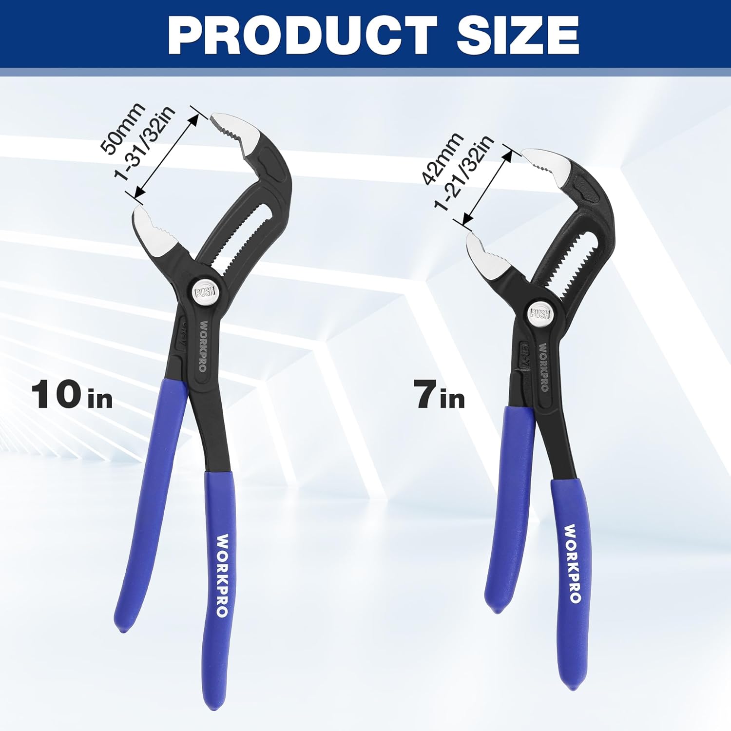 Set of two adjustable water pump pliers, different lengths, black heads and blue grips