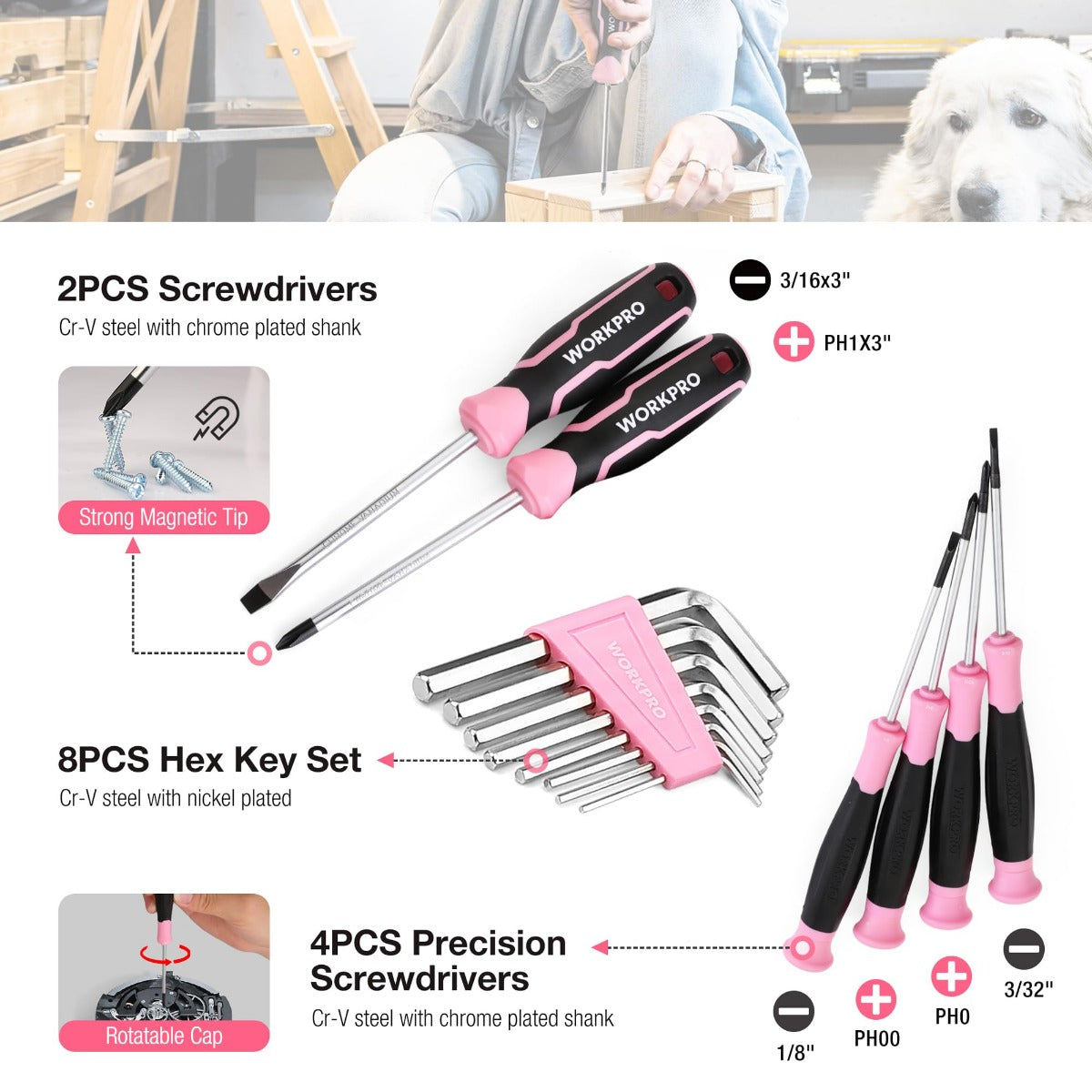 Pink screwdriver set with hex key set, precision bits, and 8pcs hex/driver tools