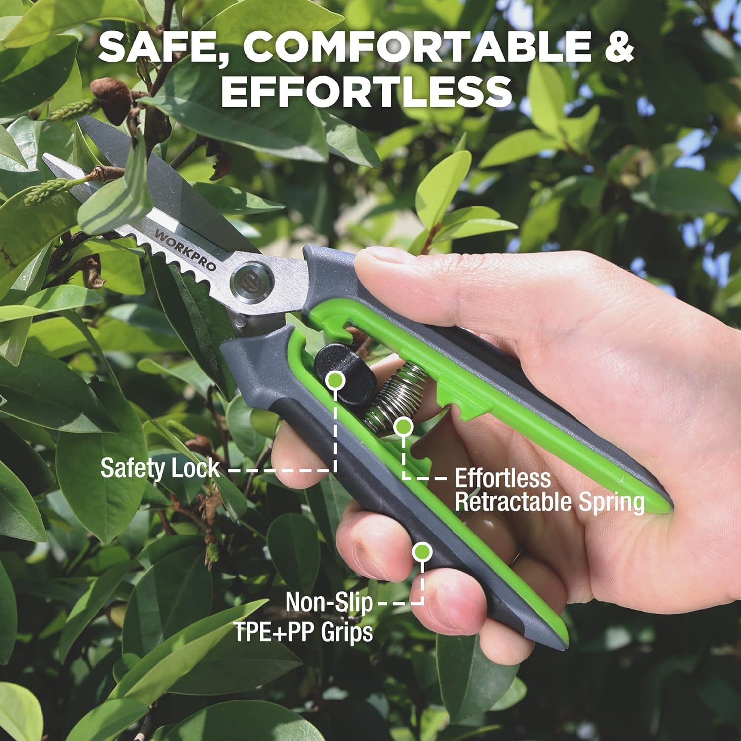 WORKPRO pruning shears with safety lock and non-slip TPR+PP grips, green handles