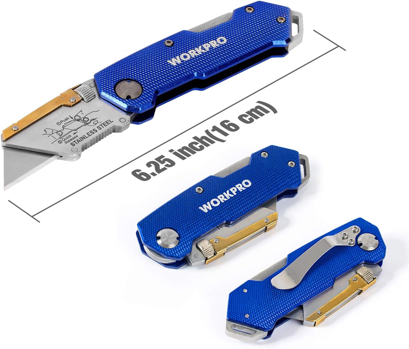 Folding utility knives with textured blue handles and stainless blades; lengths shown