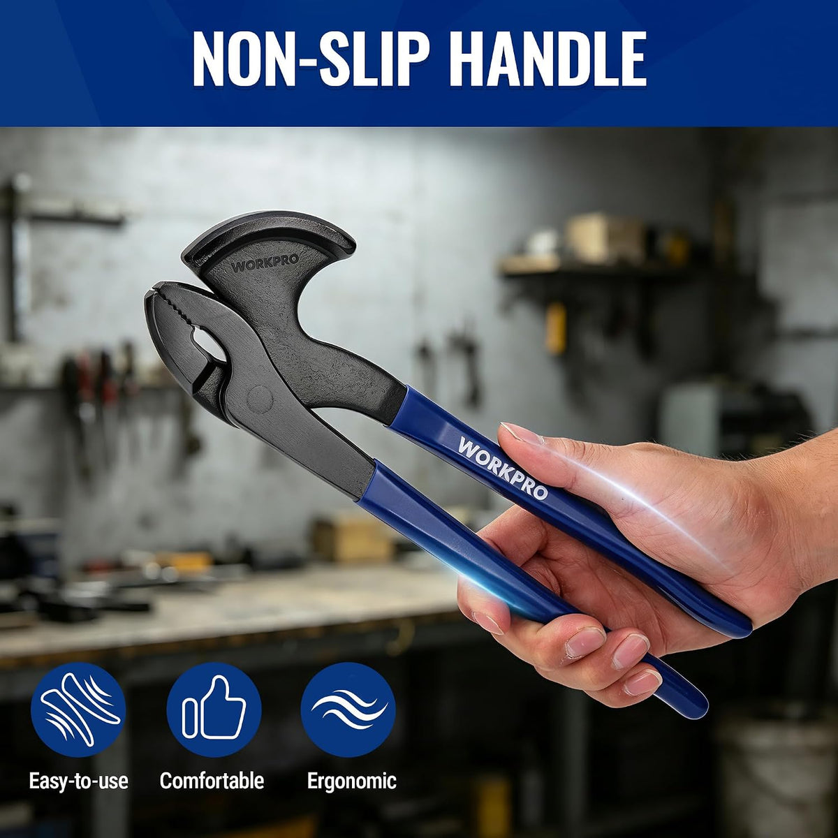 Workpro 11 inch nail puller pliers with blue non-slip ergonomic handles and a curved head for removing nails from wood.
