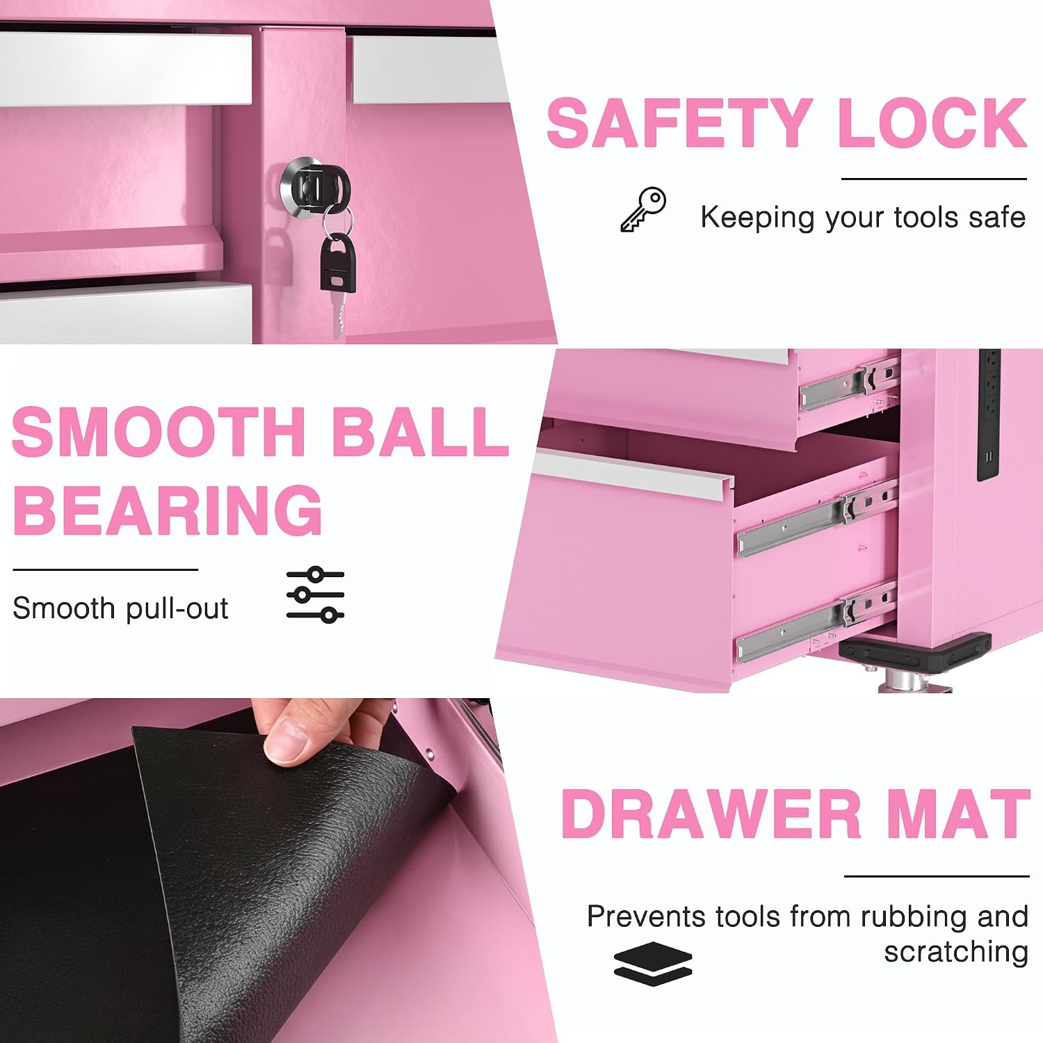 Pink rolling tool chest with safety lock, ball-bearing drawer slides, and drawer mat