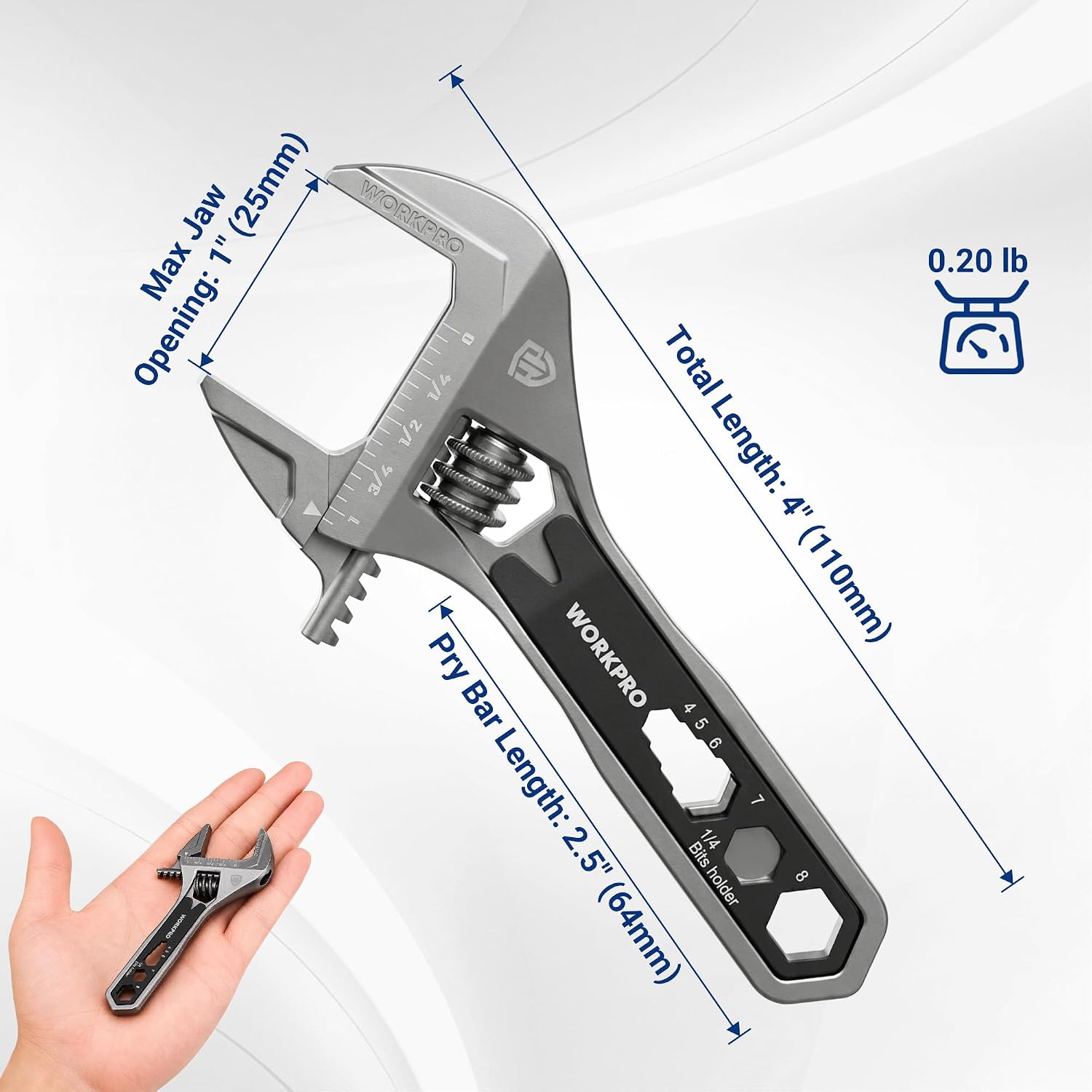 WORKPRO 4" Adjustable Wrench Wide Jaw Opening, 9-in-1 Mini Wrench Multitool