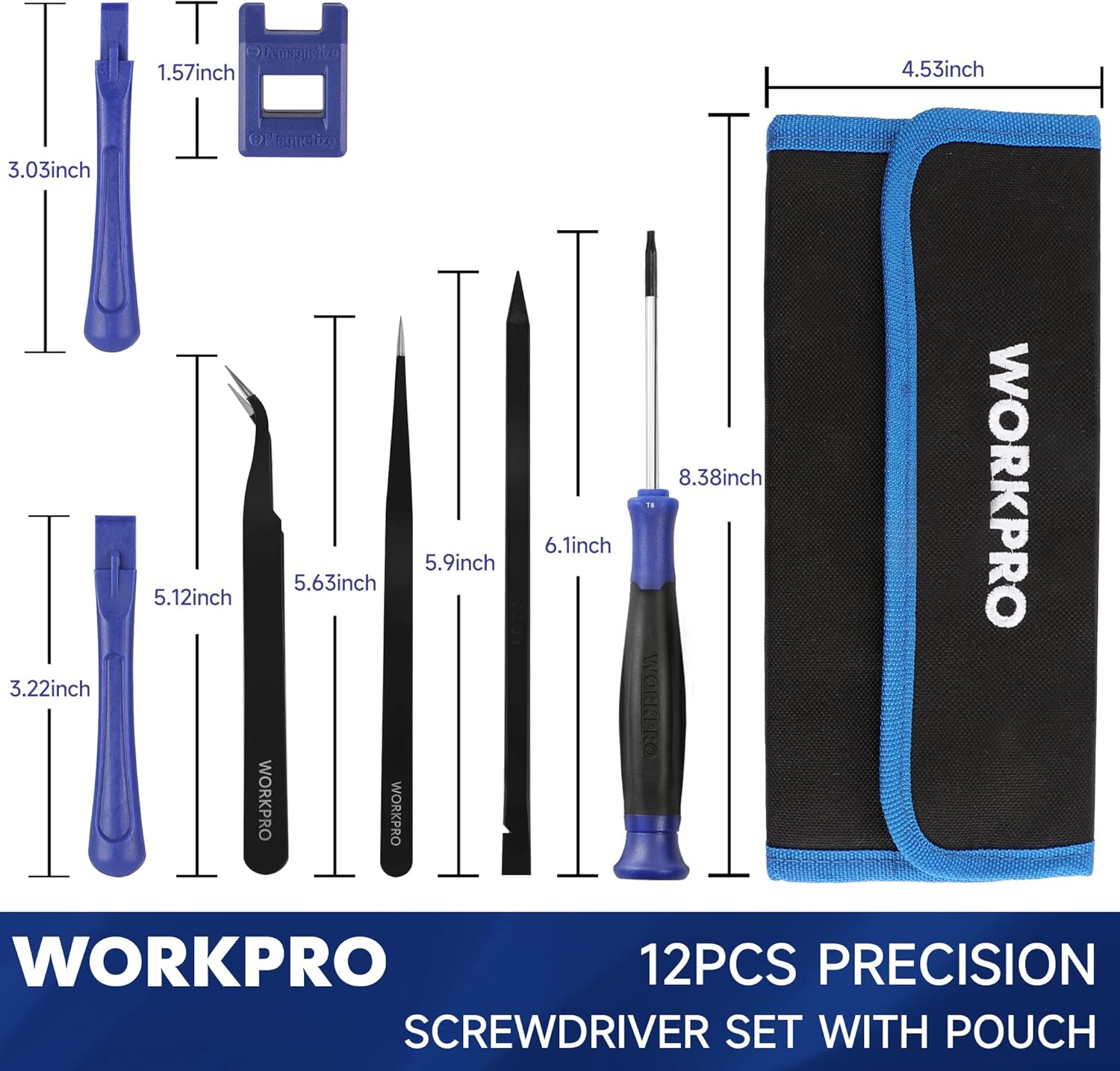 Magnetic precision screwdriver set with blue carry pouch and assorted Torx-style bits