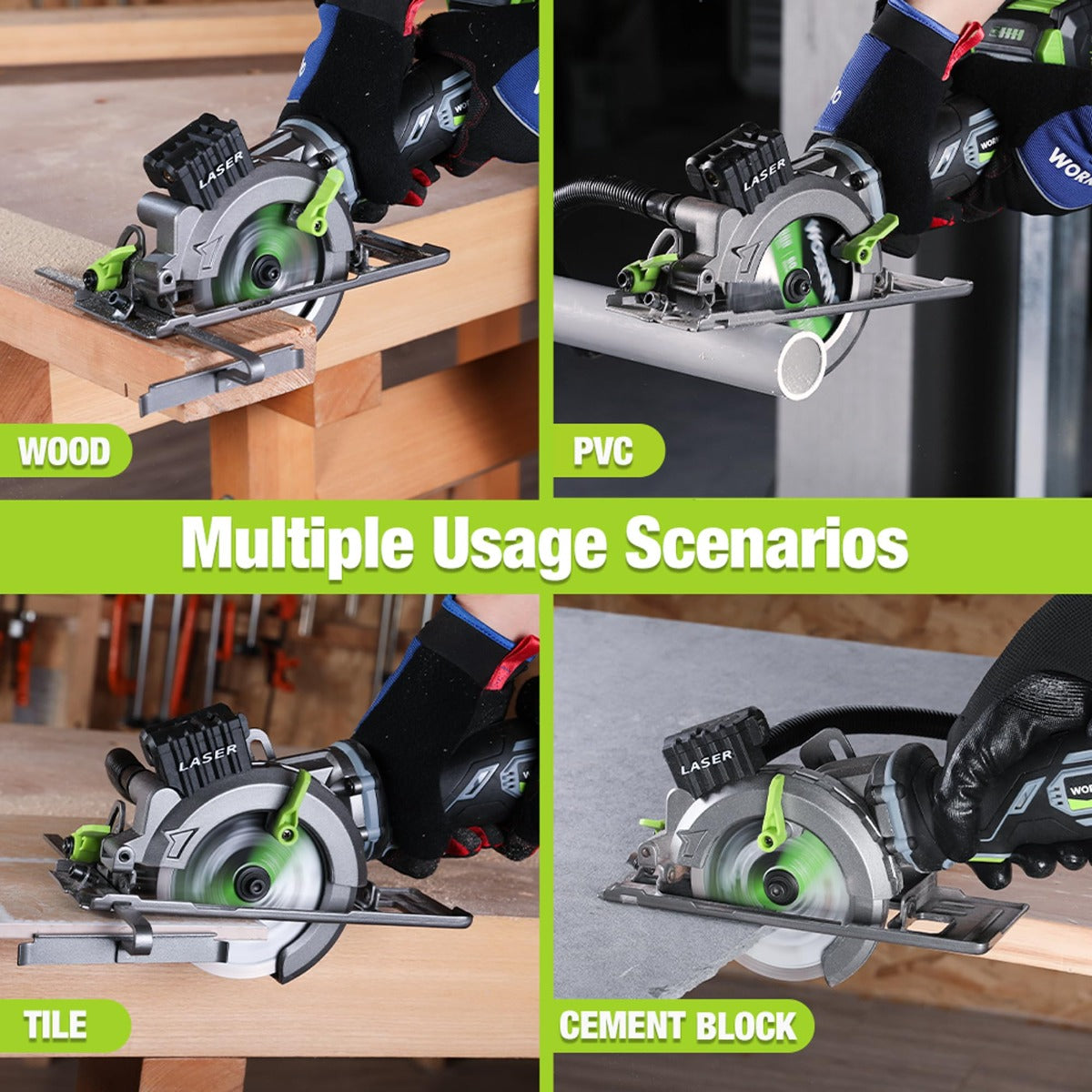 Cordless mini circular saw cutting wood and PVC on a workbench