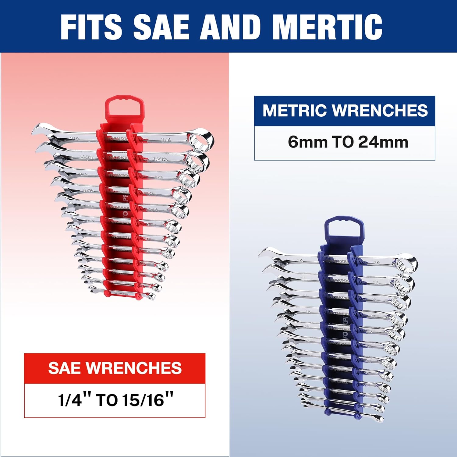 Metric and SAE wrench holders on red and blue rails (6–24mm, 1/4–15/16)