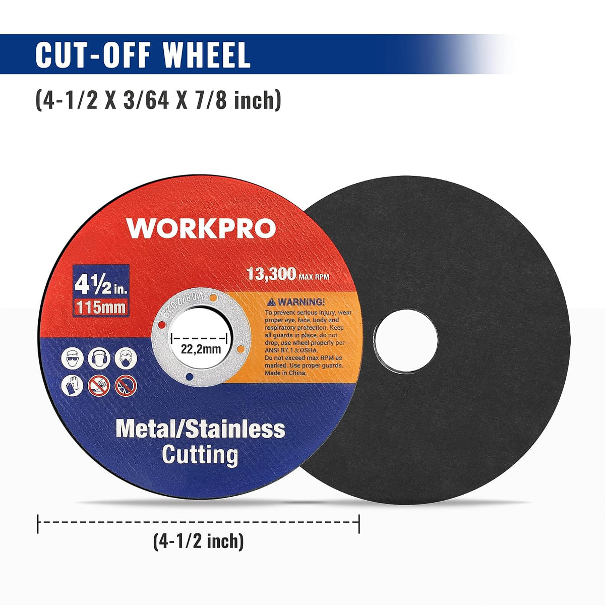 Workpro 50 pack 4-1/2 inch cut off wheels with black abrasive surfaces and 3/64 inch thickness for steel cutting.