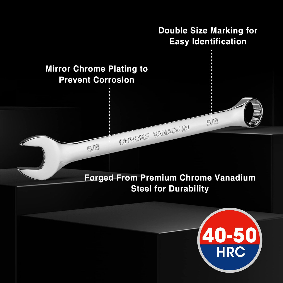Chrome vanadium steel combination wrench with size marking, open box end