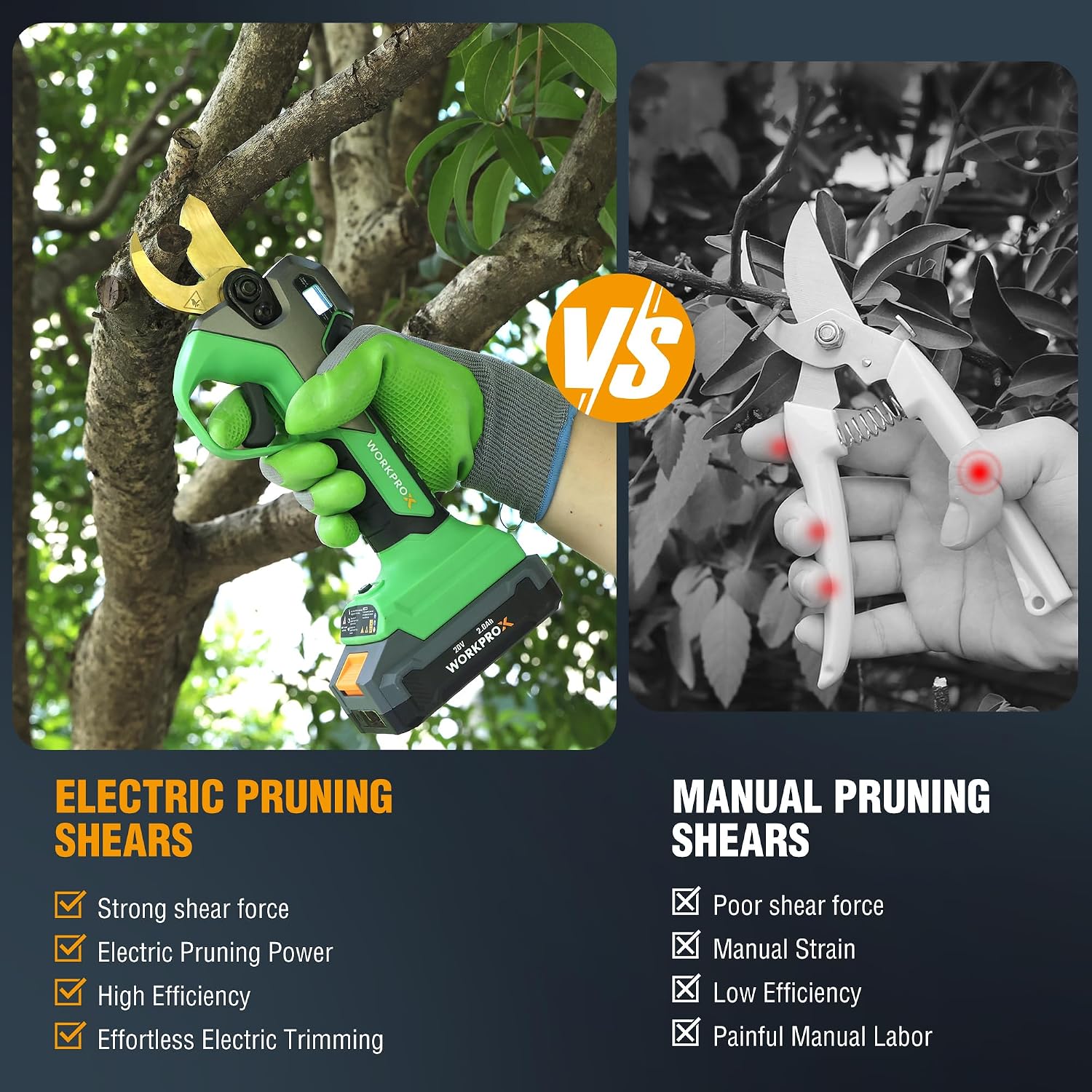 Green electric pruning shears next to manual shears; shows electric vs manual comparison layout