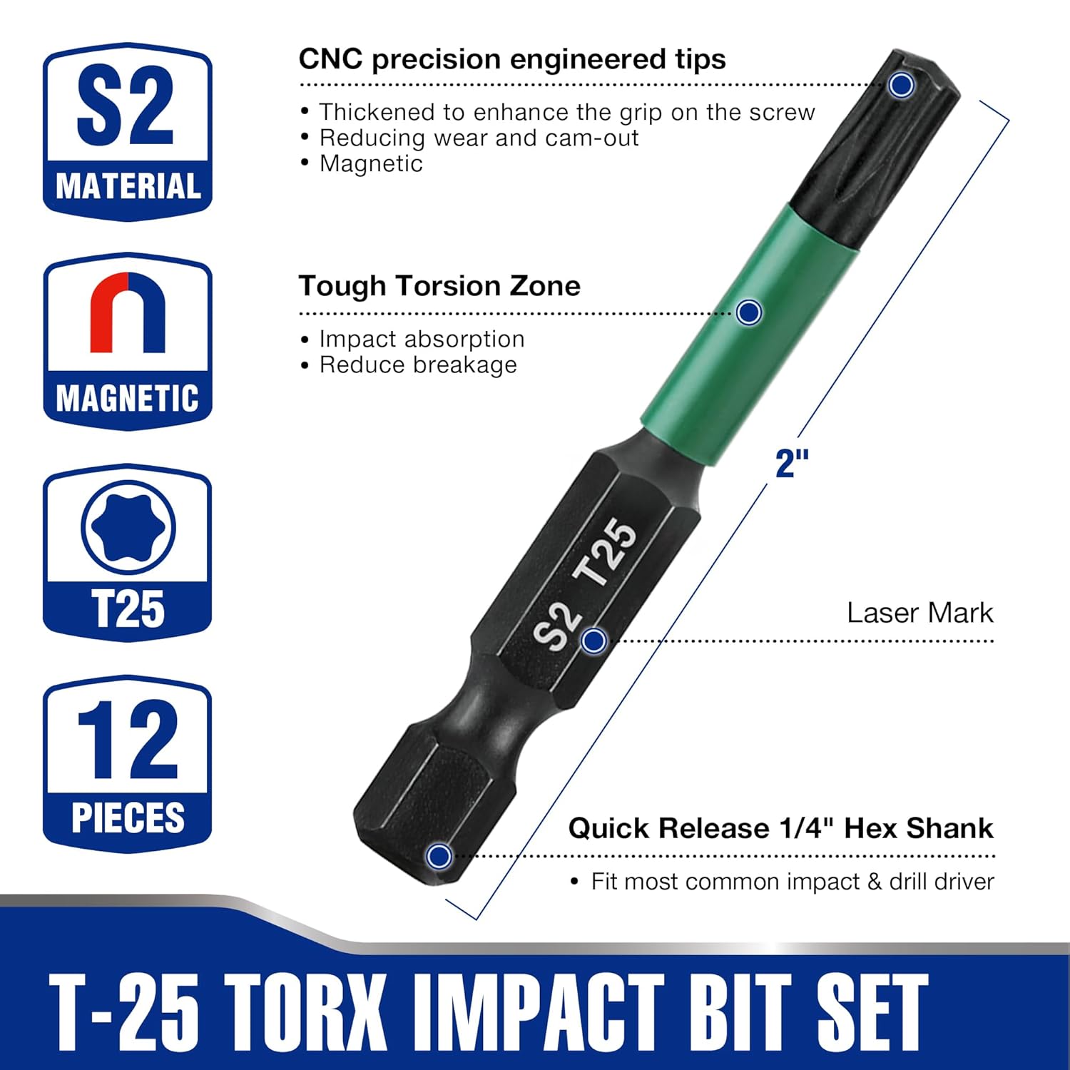 T25 Torx impact bits, green-and-black, 1/4 in hex shank, 12-piece set