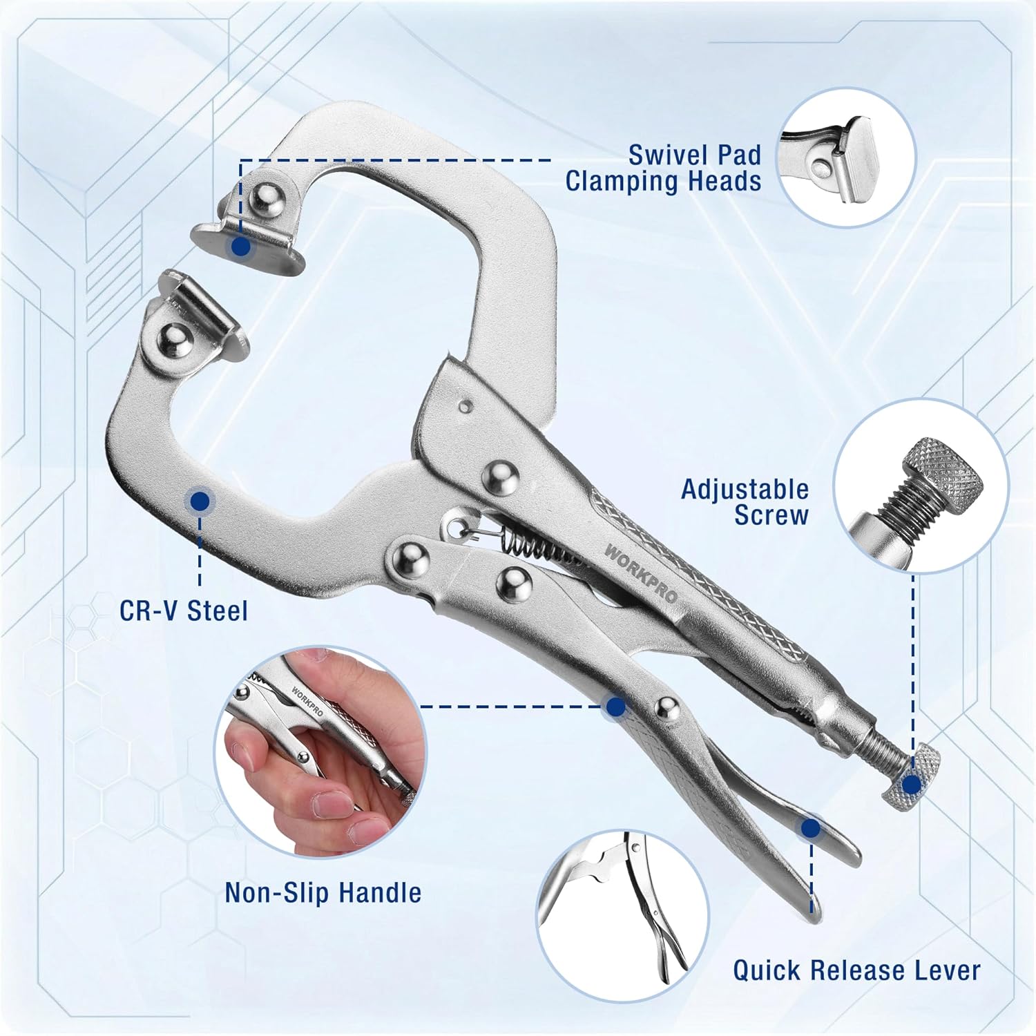 Swivel-pad locking C-clamp with adjustable screw, quick-release lever, and non-slip handle