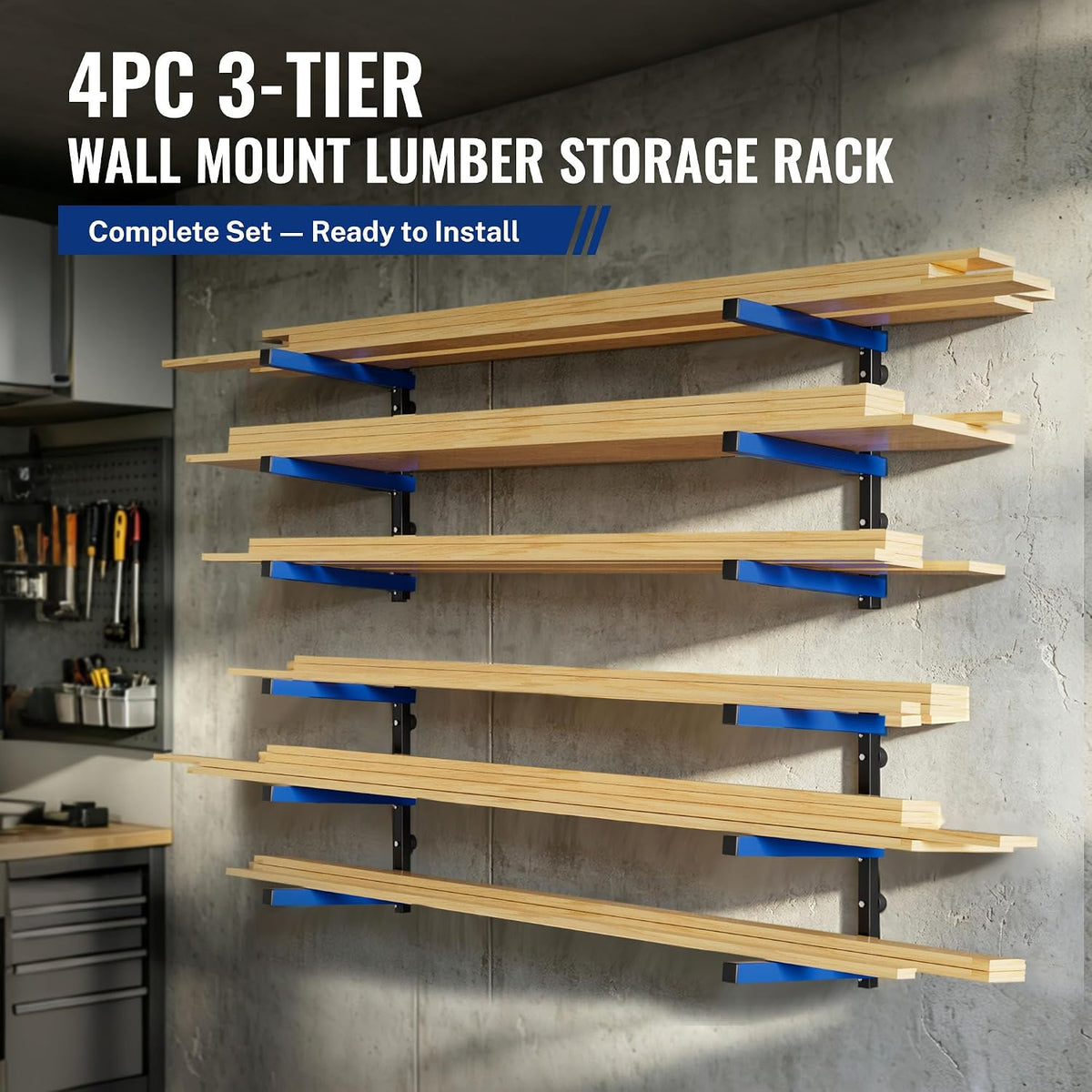 WORKPRO 4PC 3-Tier Wall Mount Lumber Storage Rack | Q195 Steel, 265 Lbs Total, 100 Lbs/Tier. Hardware Included. Fits Garages, Basements, Sheds, Workshops