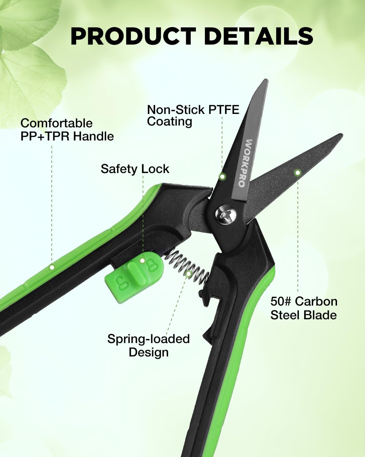 WORKPRO pruning shears close-up: spring-loaded handles, safety lock, coated carbon steel blades