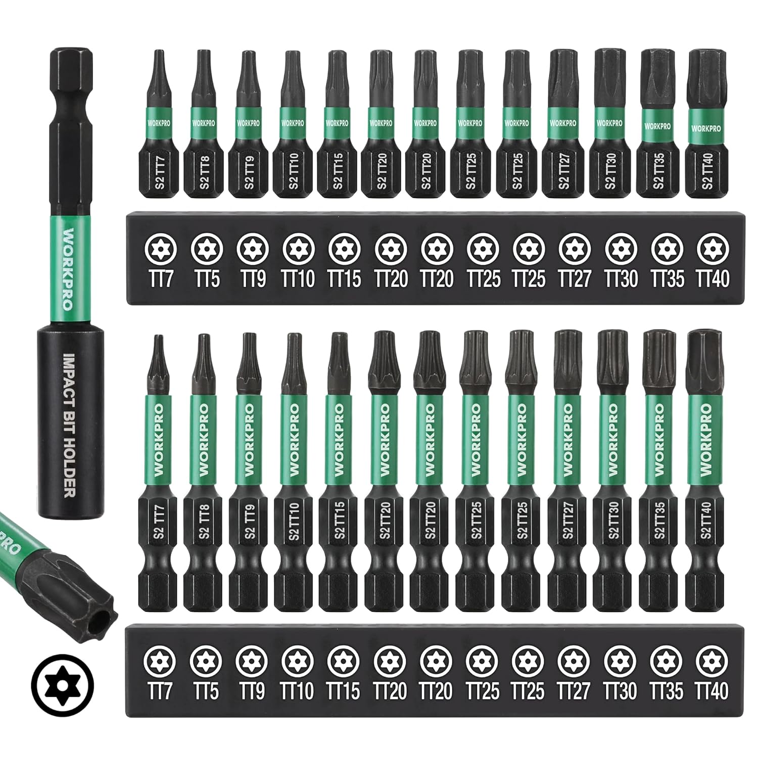 WORKPRO impact Torx bit set with security star bits, magnetic tips, 1/4in hex shanks