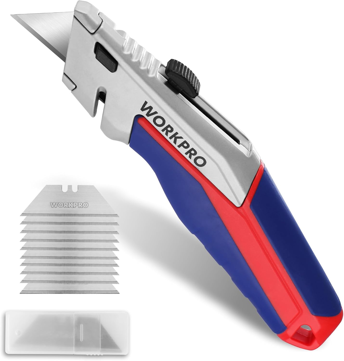 WORKPRO retractable utility knife with silver aluminum body, blue/red handle, extended blade