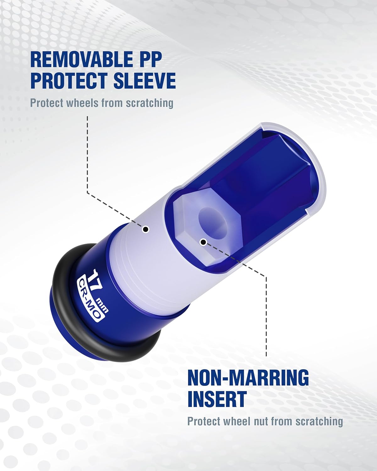 Non-marring lug nut socket with removable PP protective sleeve and blue rail