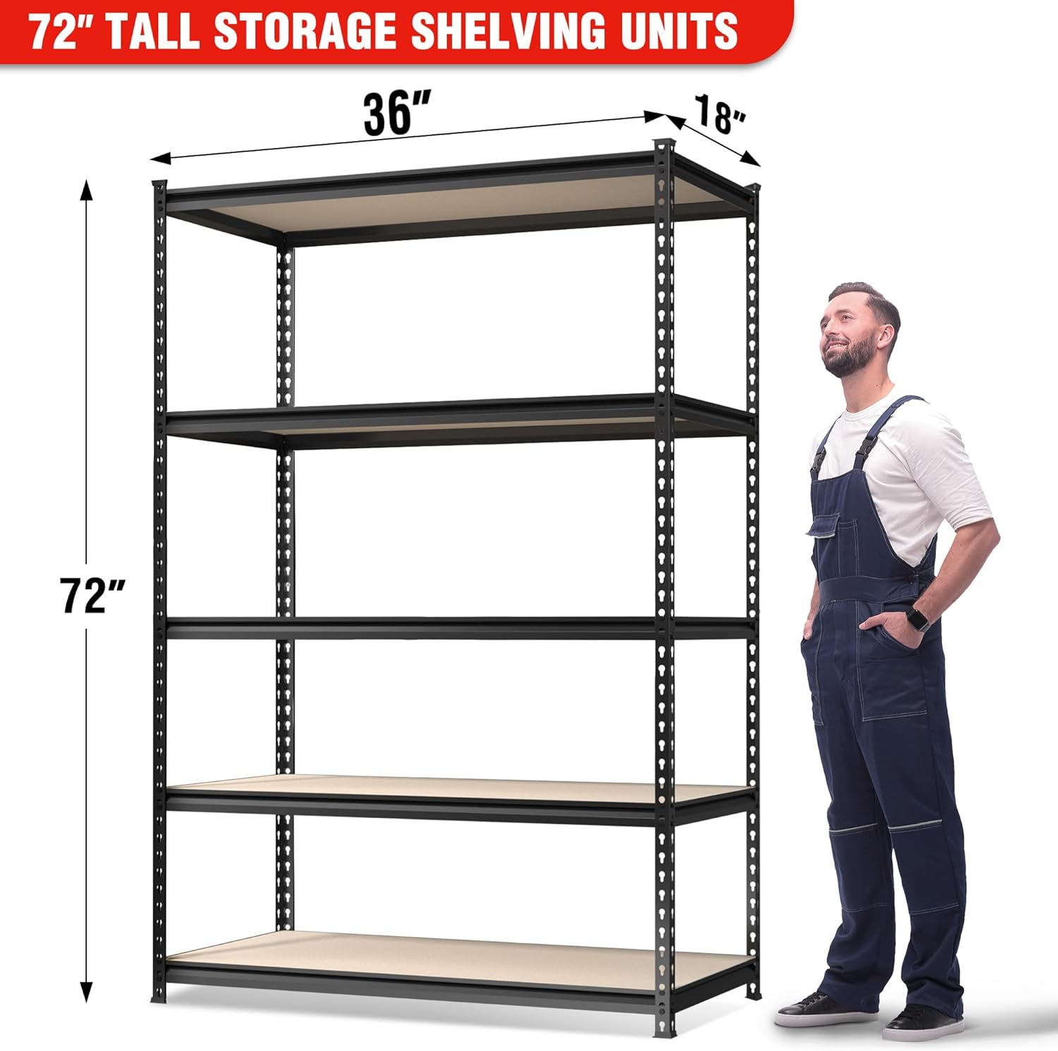 5-tier storage shelving unit, 72 in steel frame with adjustable particle board shelves