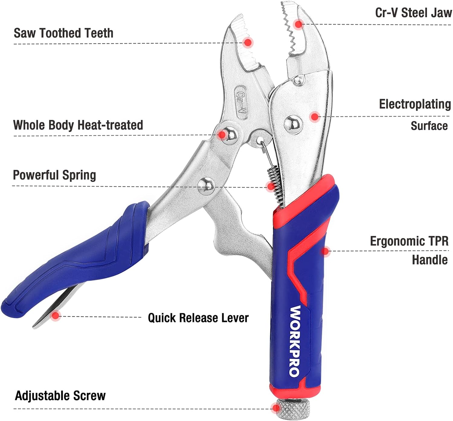 Cr-V steel locking pliers with ergonomic TPR handle, quick release lever, adjustable screw