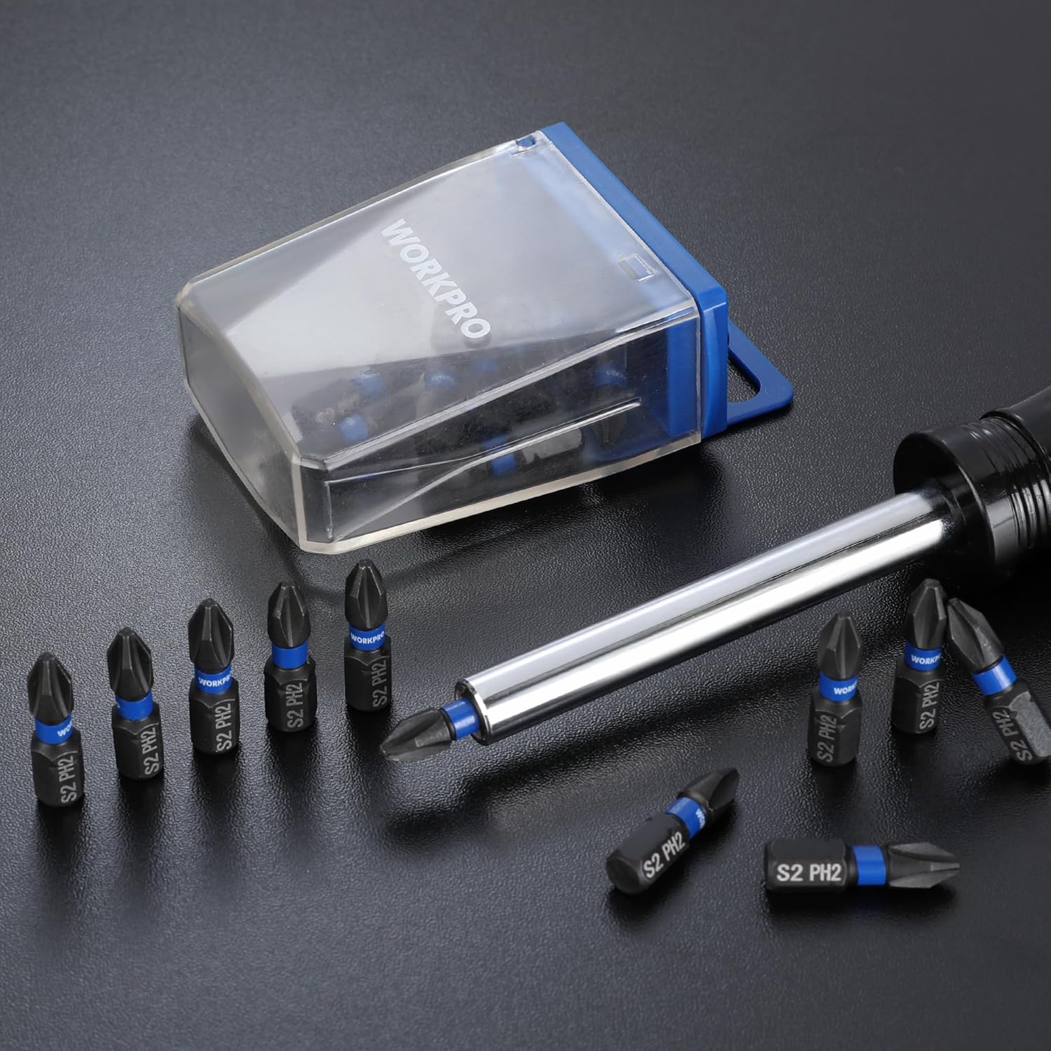 PH2 impact bit set with clear blue storage case and metal 1/4-inch hex shank