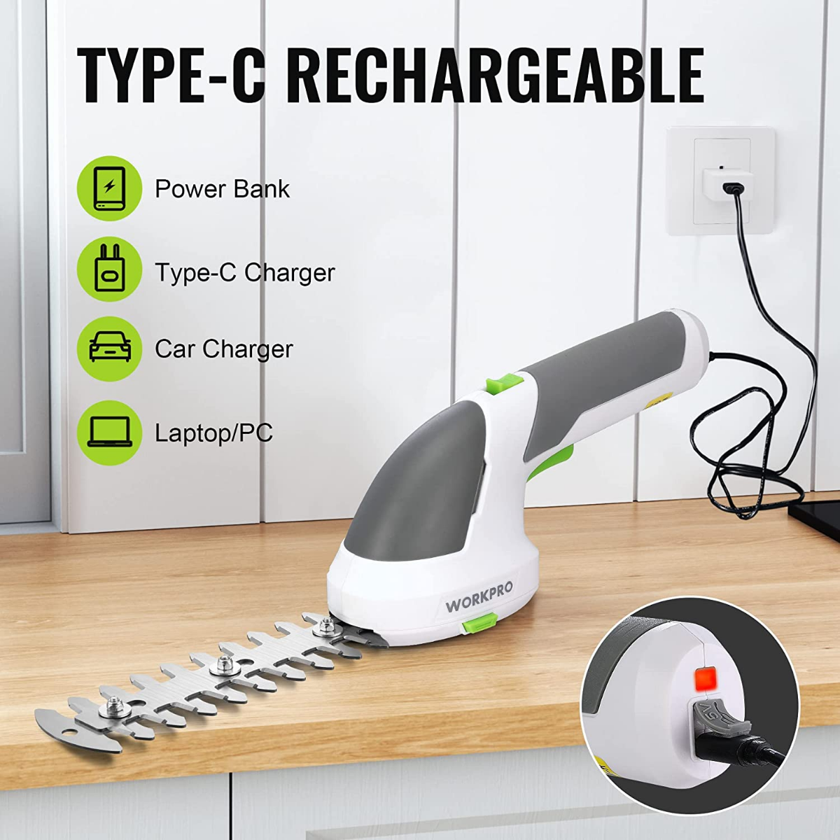 2-in-1 handheld electric trimmer, white/gray with green accents, Type-C charging cable