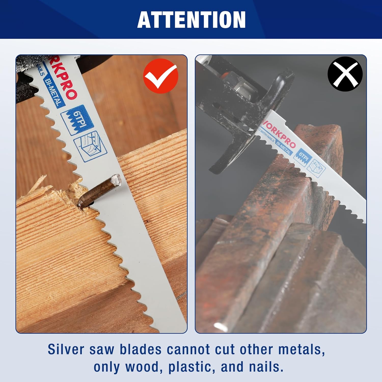 Reciprocating saw blade close-up on wooden board, with metal blade comparison panel