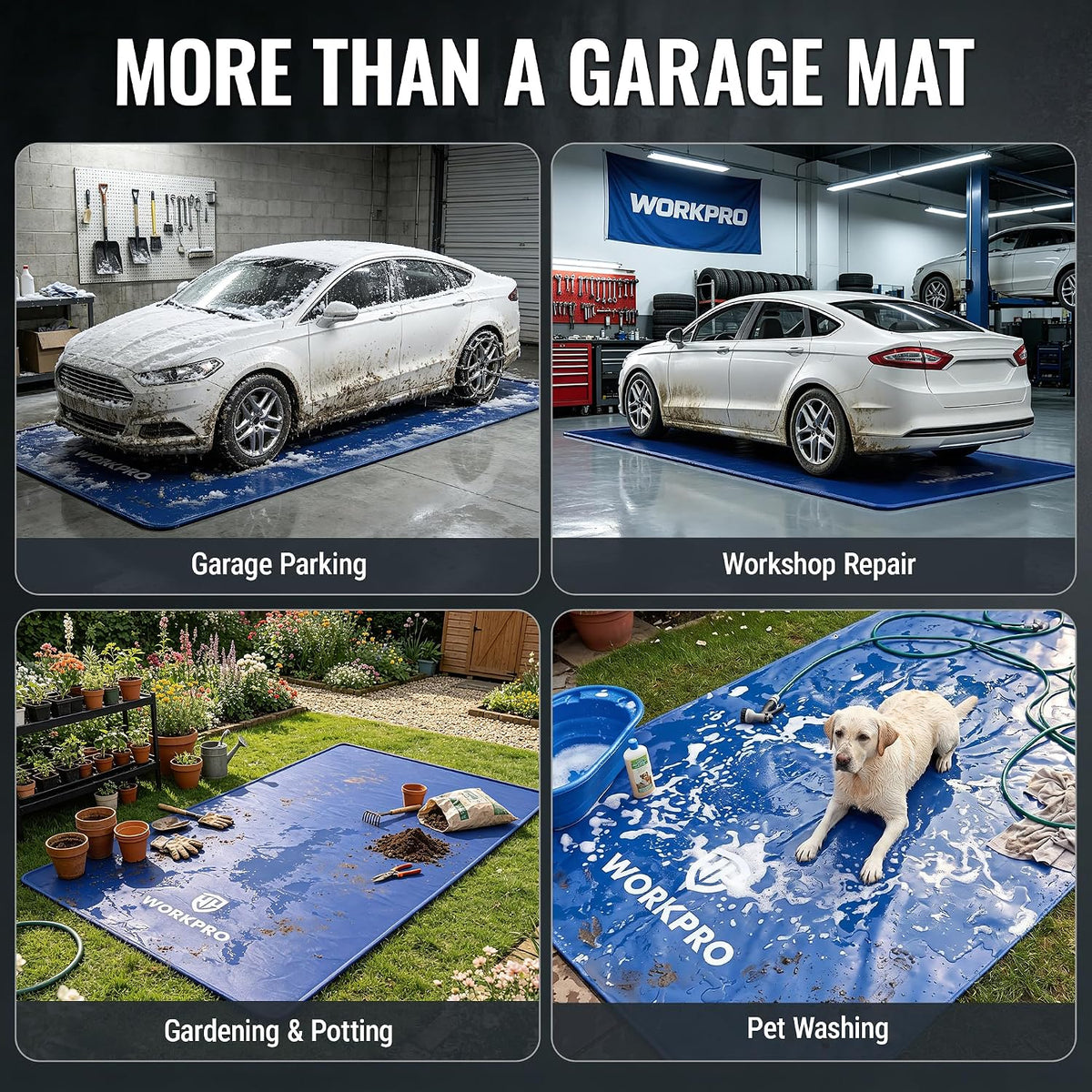 Workpro garage floor mat for under car in blue with containment design, shown beneath a vehicle in a garage